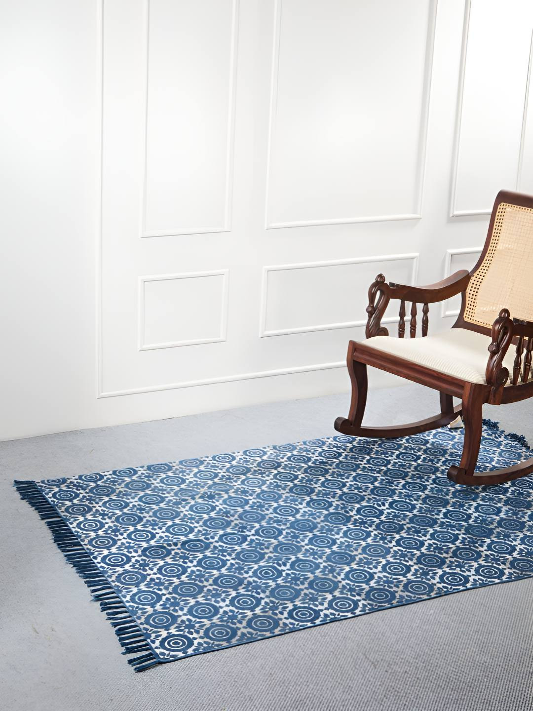 Fabindia Sia Dabu Blue & White Printed Cotton Dhurrie