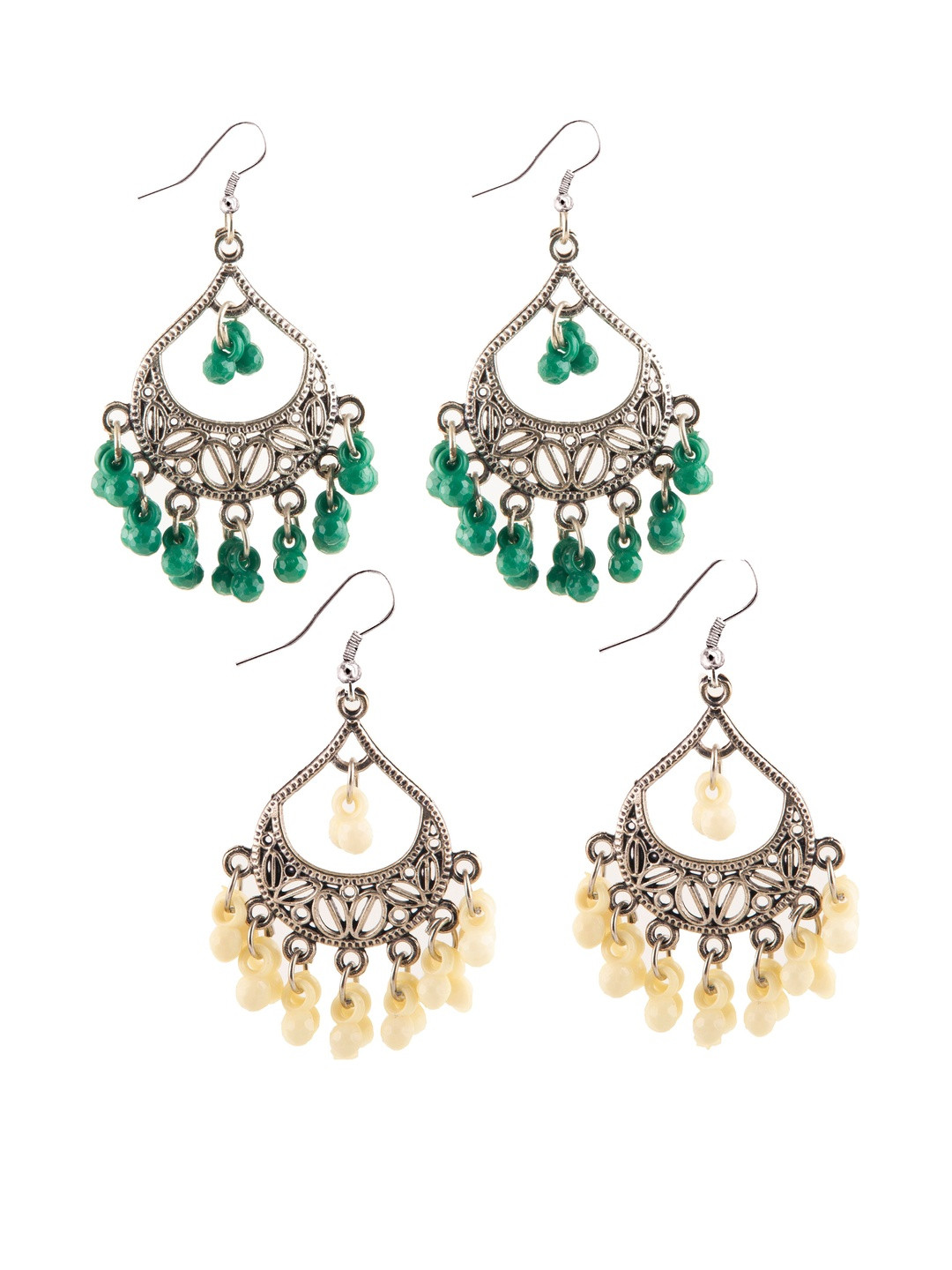 Set of 2 Oxidized Silver-Toned Chandbali Earrings with Green & Cream Beads & Girls