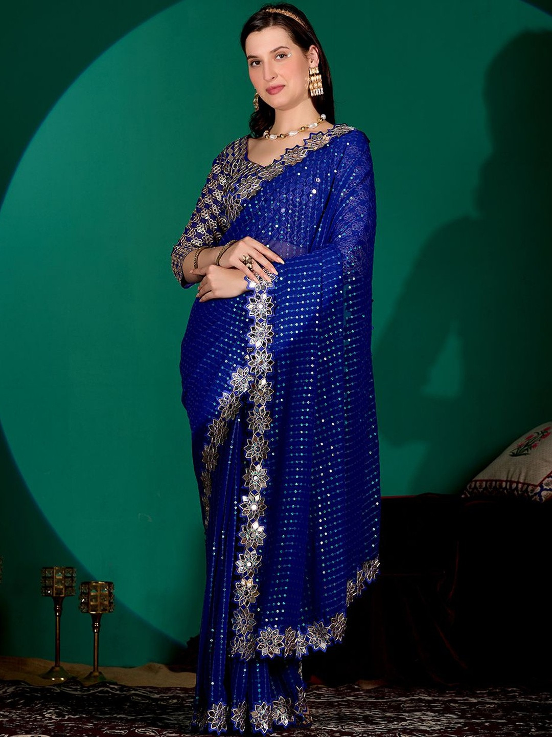 Quality fabric , Elegant Georgette Saree with Mirror & Sequin Work(Blue)
