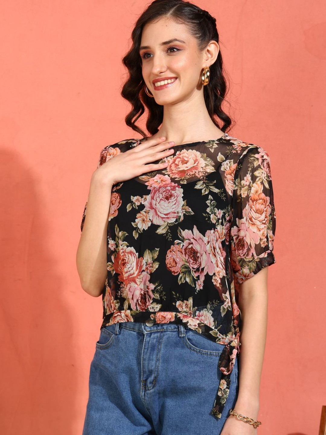 KALINI Women's Chiffon Floral Print Round Neck Puff Sleece Top (Black)