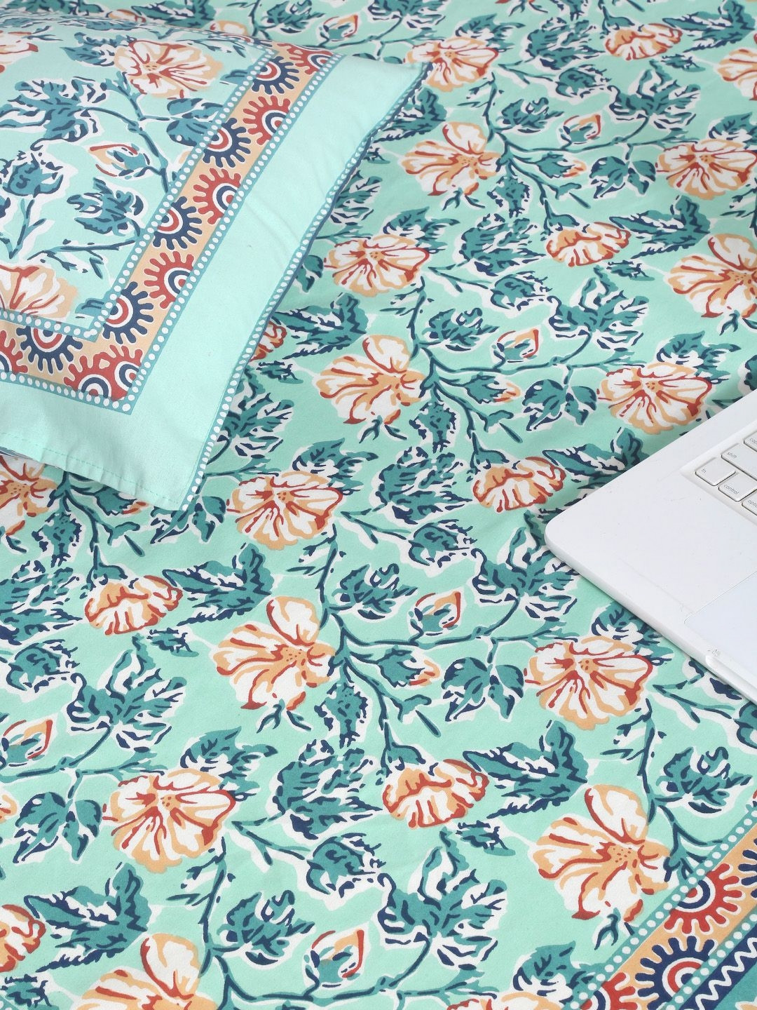Rajasthan Decor Sea Green & Brown 144 TC Cotton Single Bedsheet Set 1.50 m x 2.25 m