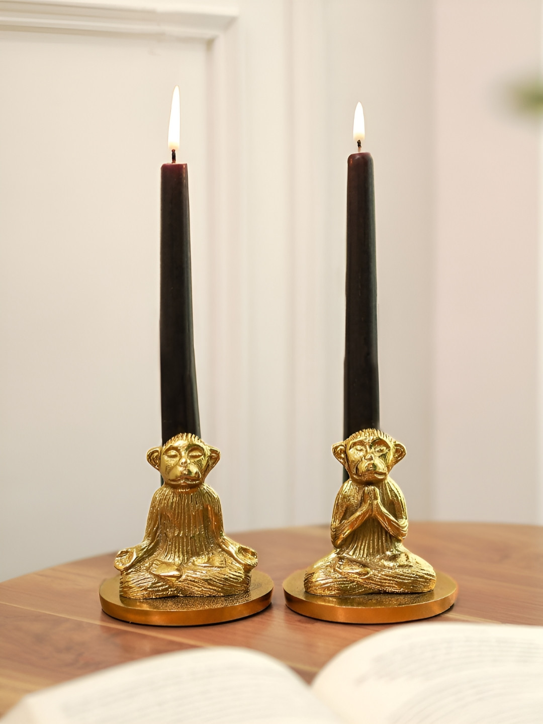 BEHOMA Gold-Toned And Black 2 Pieces Yoga Monkey Candle Holders