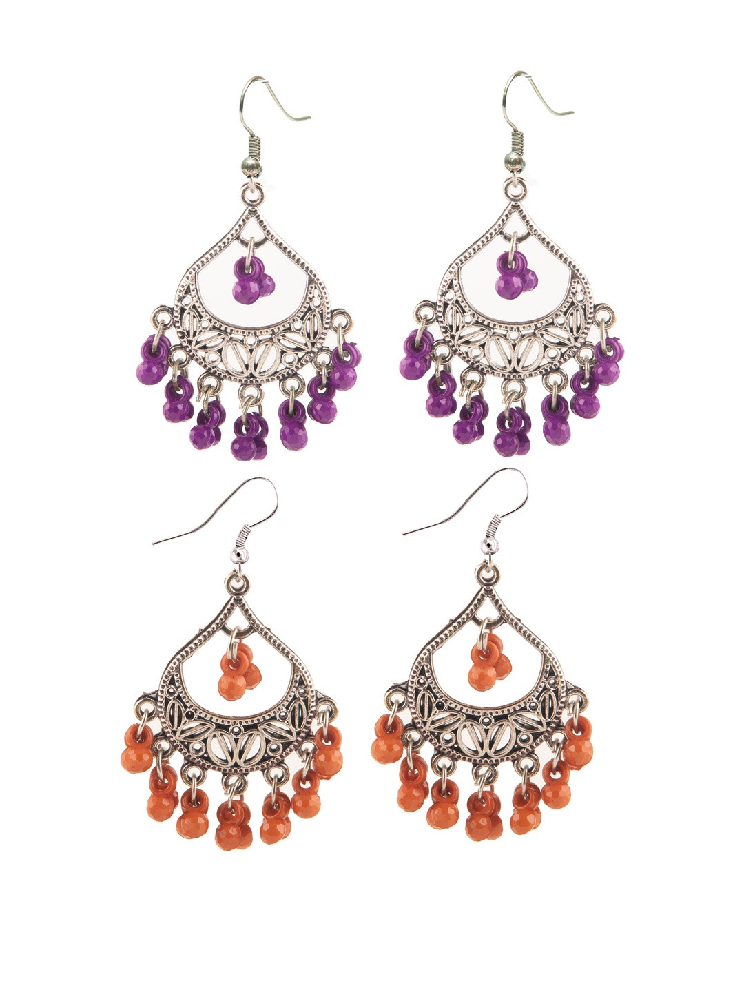Set of 2 Oxidized Silver-Toned Chandbali Earrings with Purple & Brown Beads & Girls