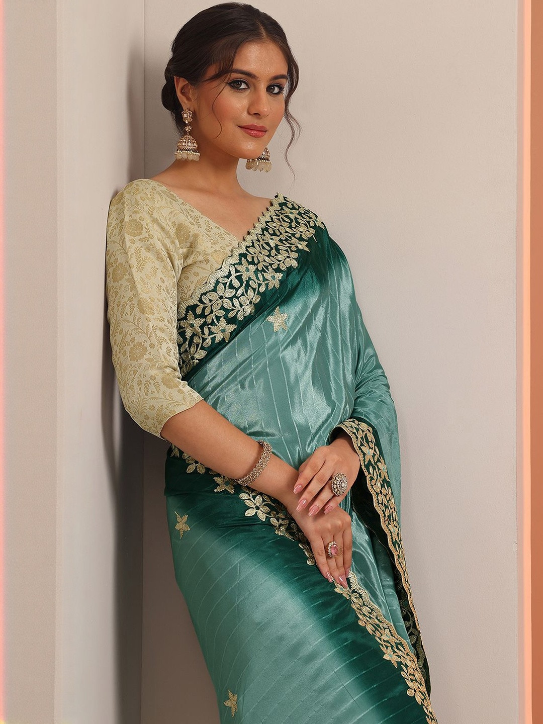 Libas Blue Embellished Crepe Saree With Unstitched Blouse Piece
