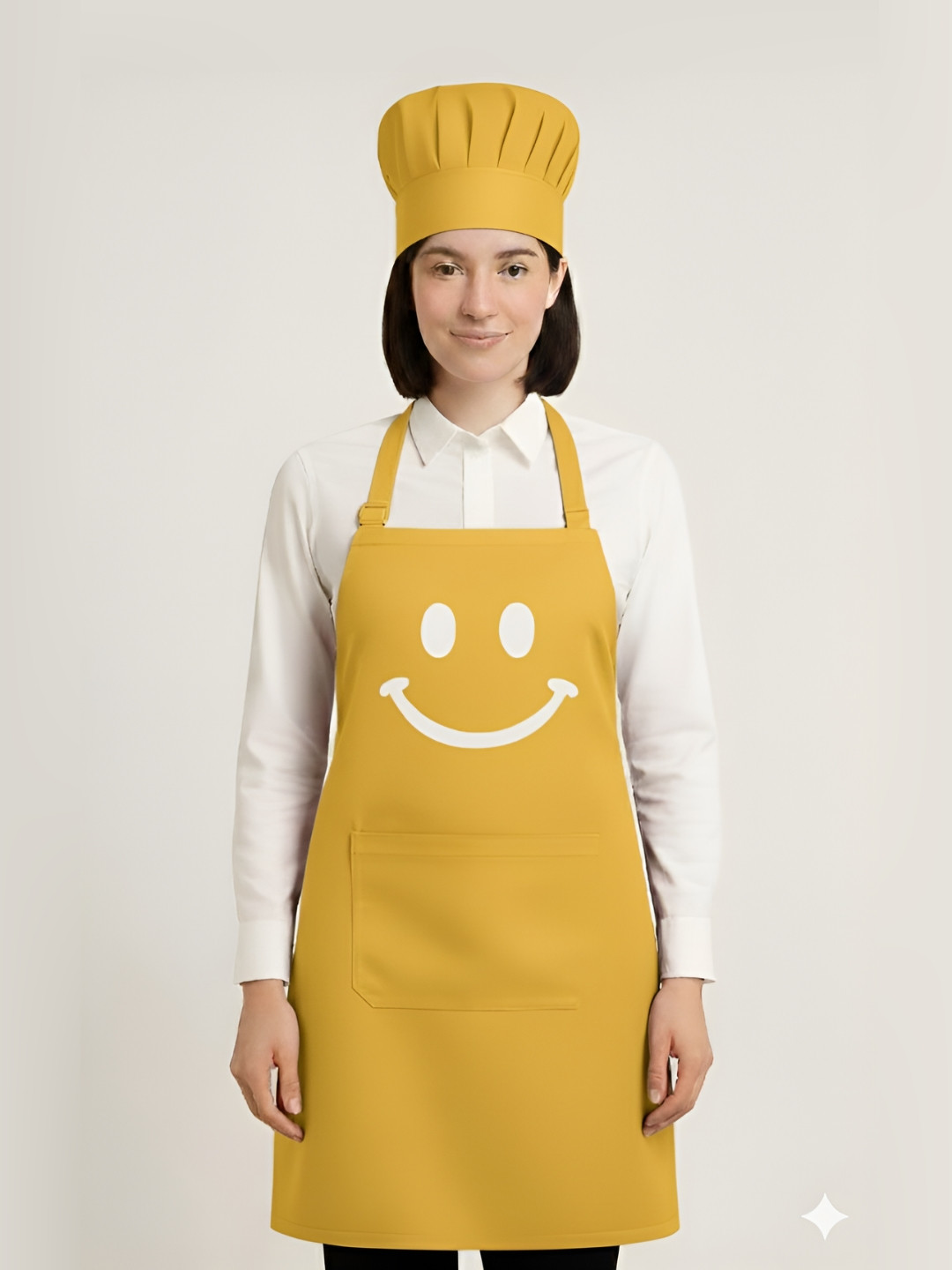 SWITCHON Yellow And White Printed Waterproof Cotton Apron & Hat