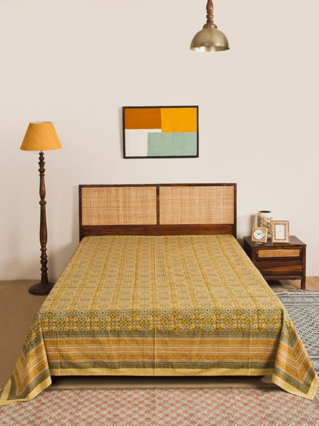 Fabindia Yellow & Blue Nafisa Printed Cotton Double Queen Bed Cover