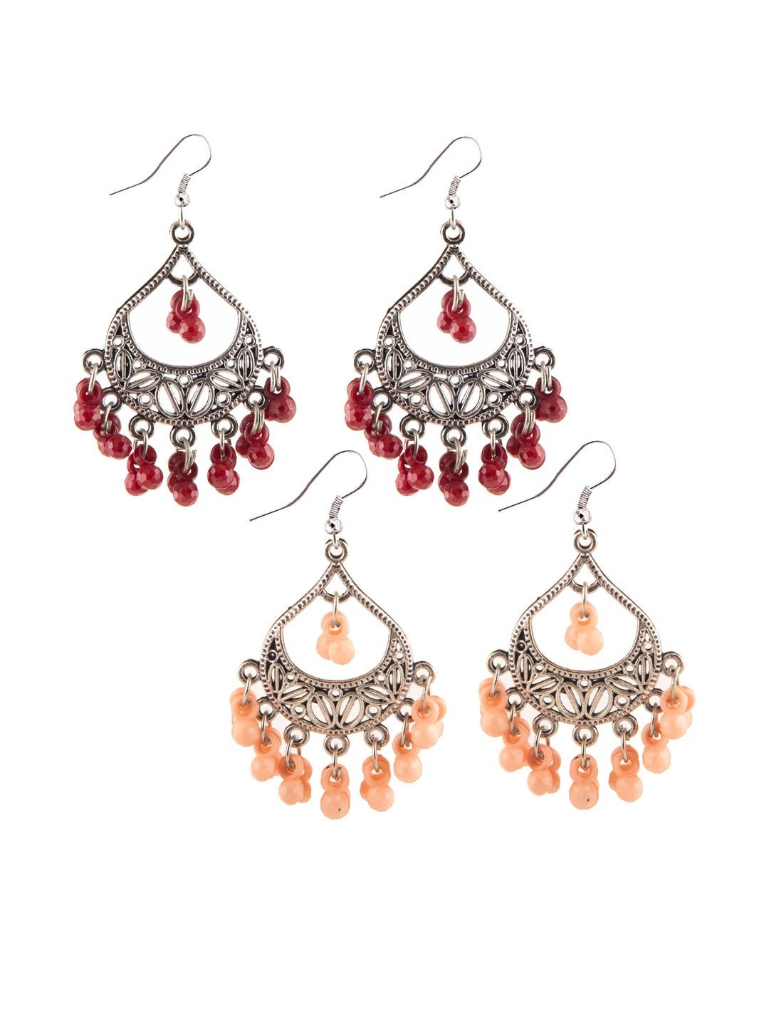 Set of 2 Oxidized Silver-Toned Chandbali Earrings with Maroon & Peach Beads & Girls
