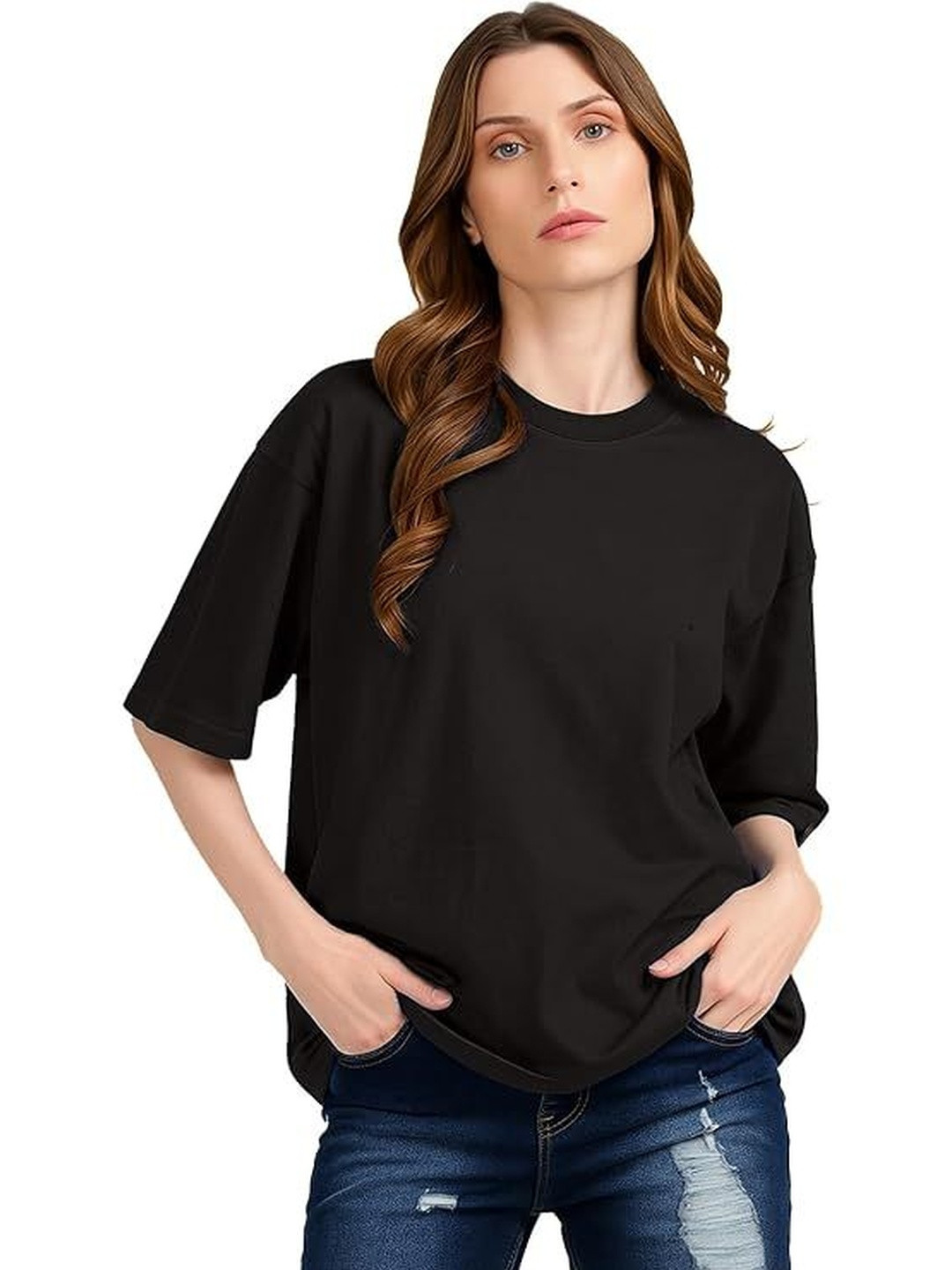 ALONE EAGLE Drop-Shoulder Sleeves Round Neck Oversized Cotton T-shirt