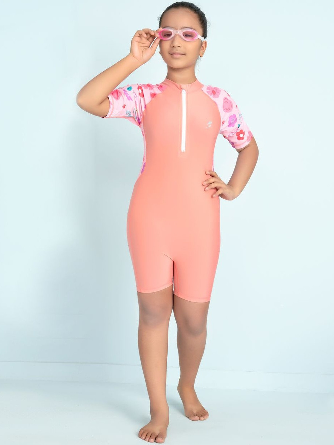 Muhuratam Girls Sports Wear Peach Colour Floral Print Nylon Swim Suit With Goggle