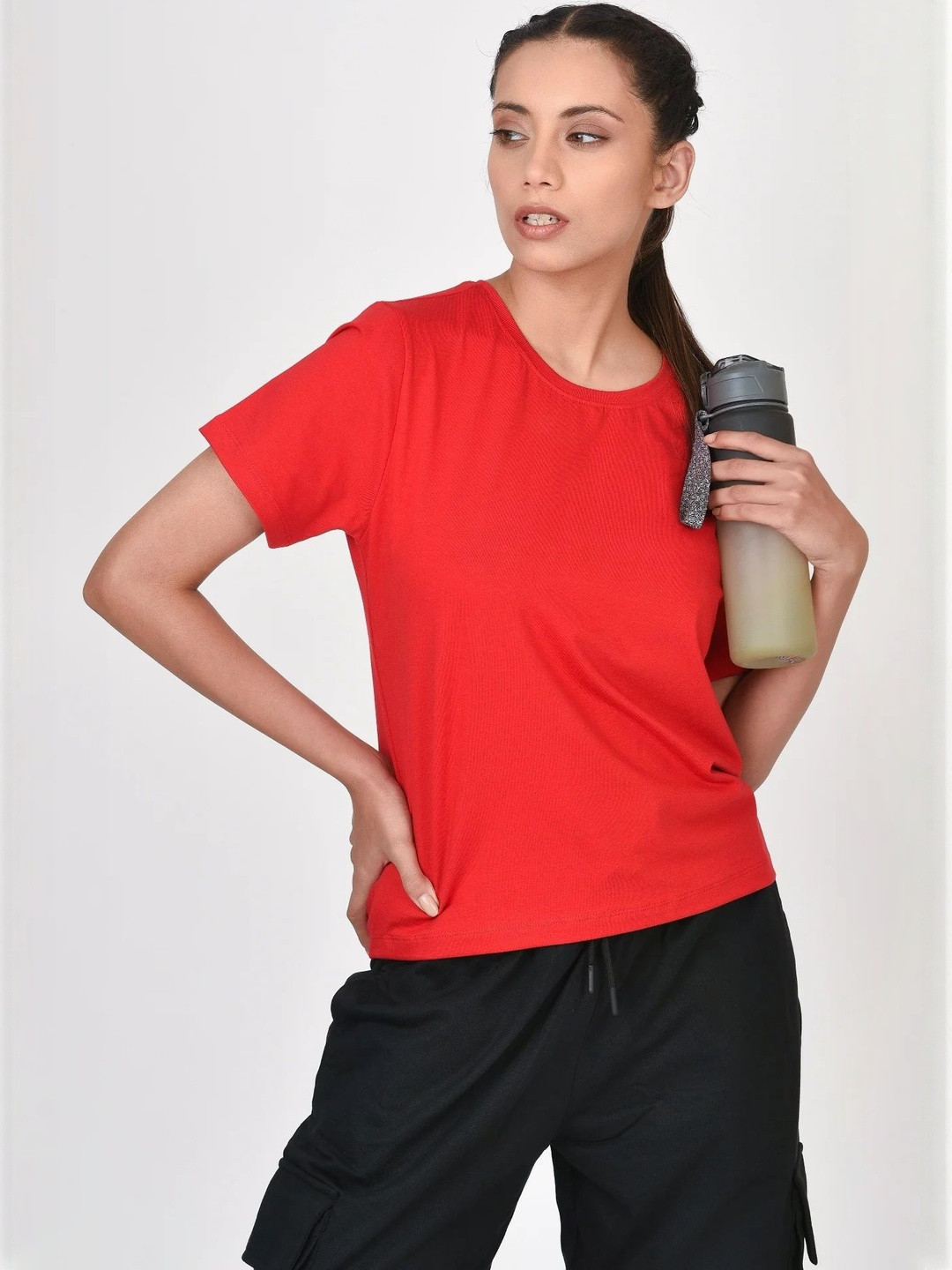 BRUTE FORCE Solid Round Neck Cotton Regular Top