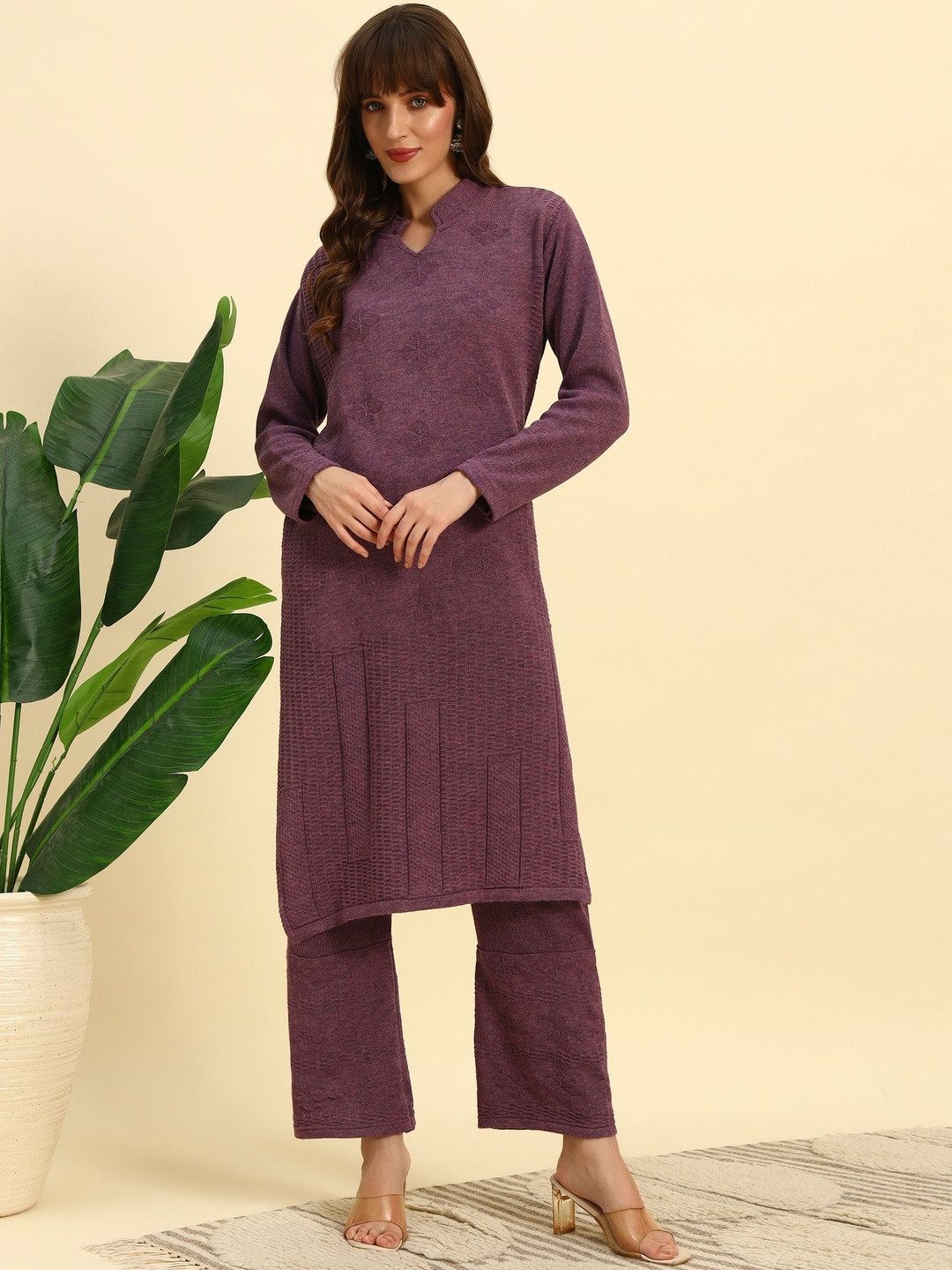 BUDAPEST Woven Design Mandarin Collar Pure Wool Straight Kurta With Trousers