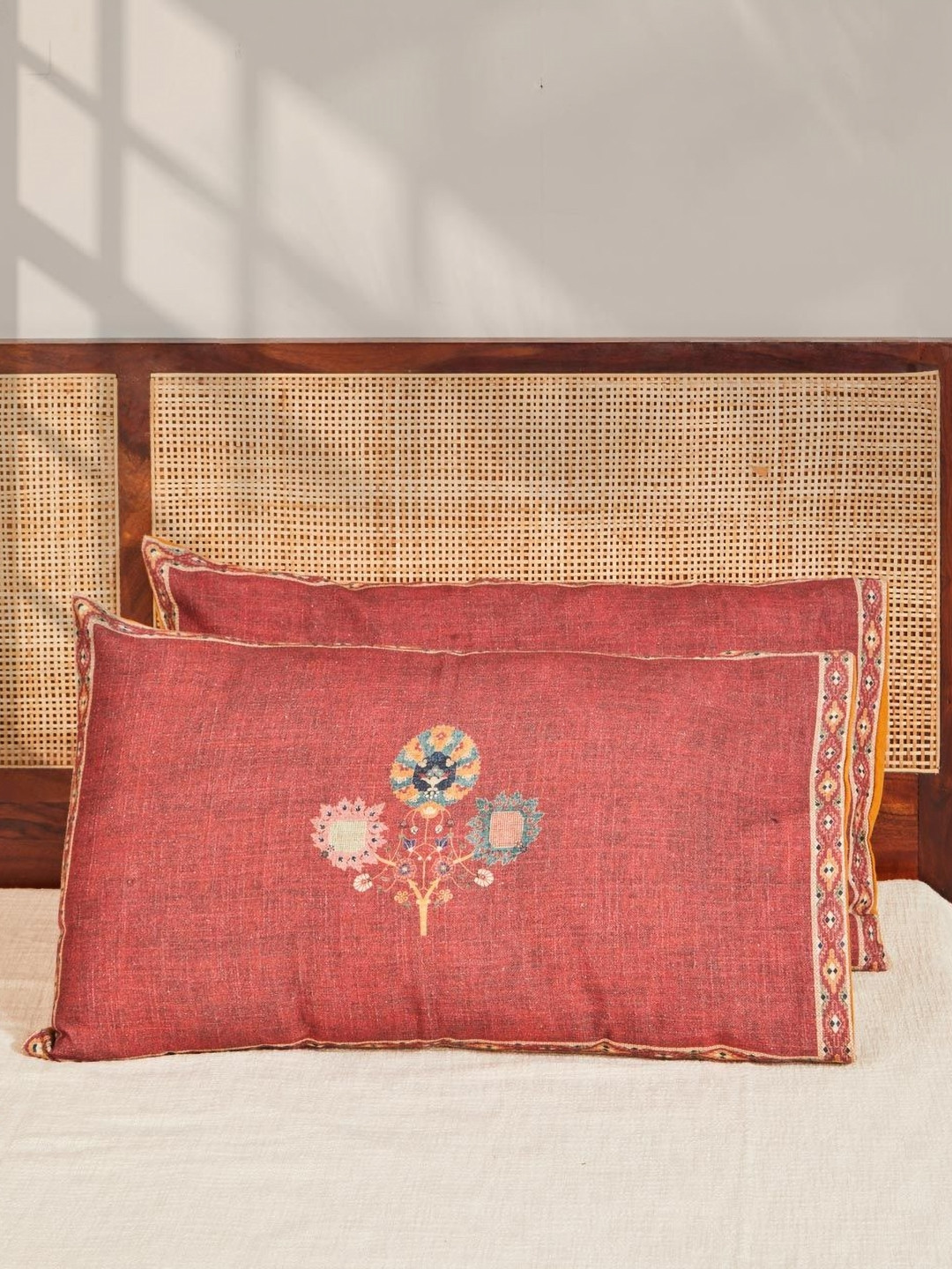 Fabindia Zahara Maroon & Teal 2 Pieces Applique Pure Cotton Rectangle Pillow Covers