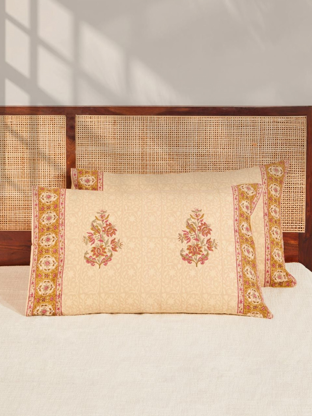 Fabindia Anar Cream-Coloured & Brown 2 Pieces Applique Pure Cotton Rectangle Pillow Covers