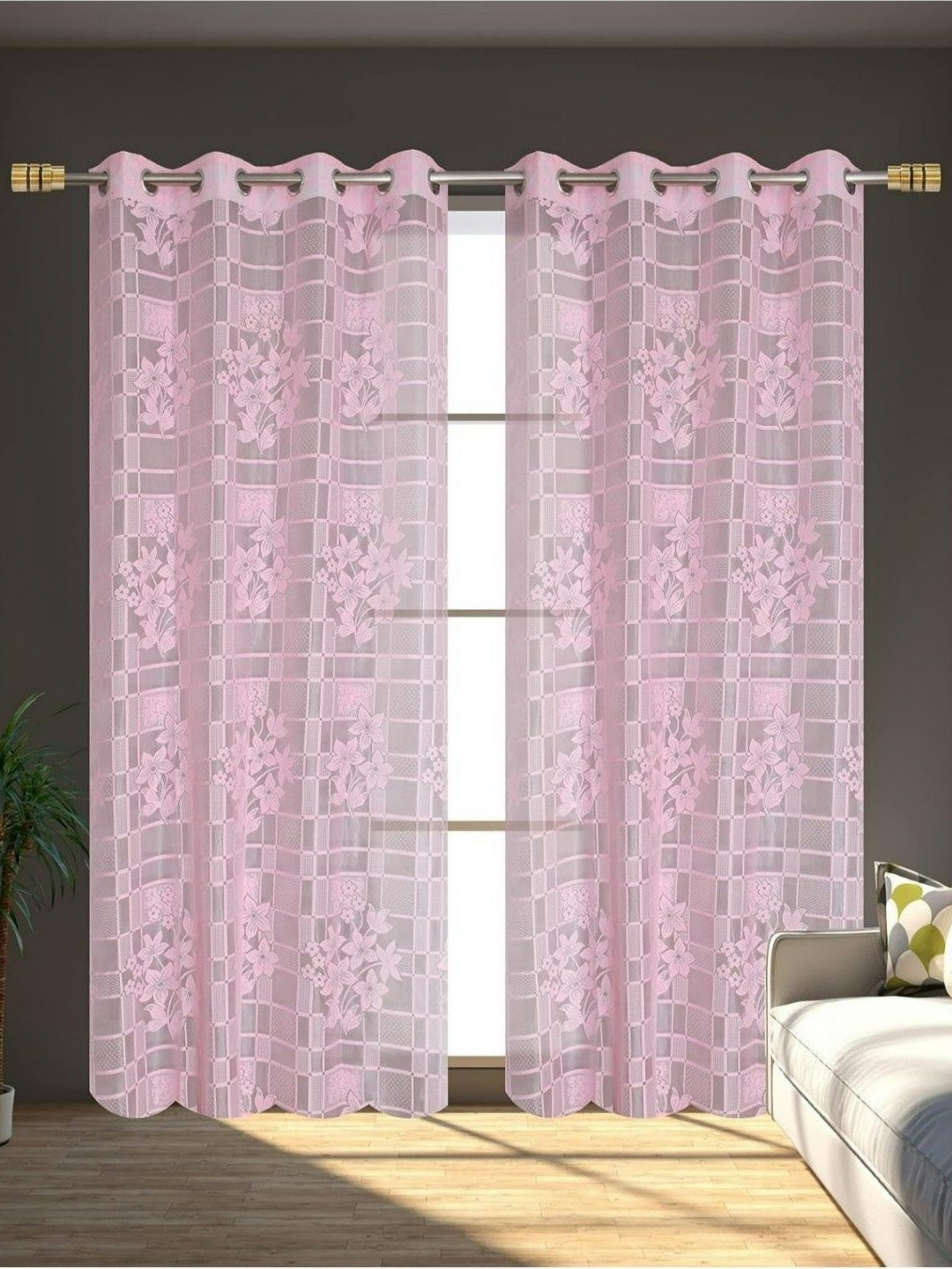 UrbanArts Pink 2 Pieces Embroidered Sheer Window Curtains
