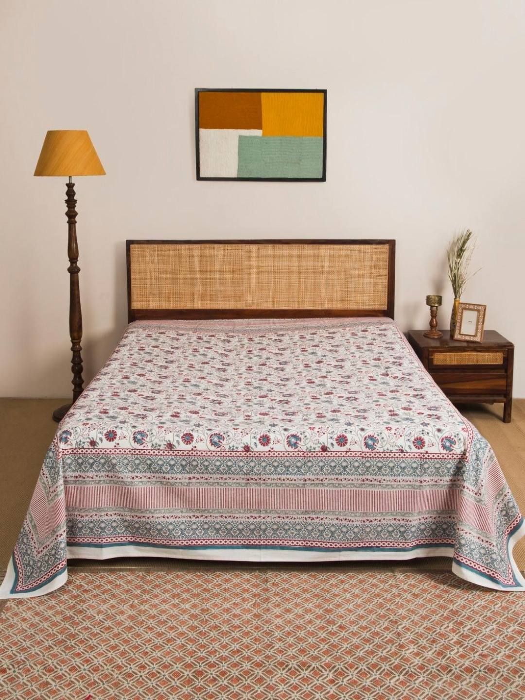 Fabindia Nazm Off-White & Green Hand Block Printed Cotton Double Queen Bed Cover