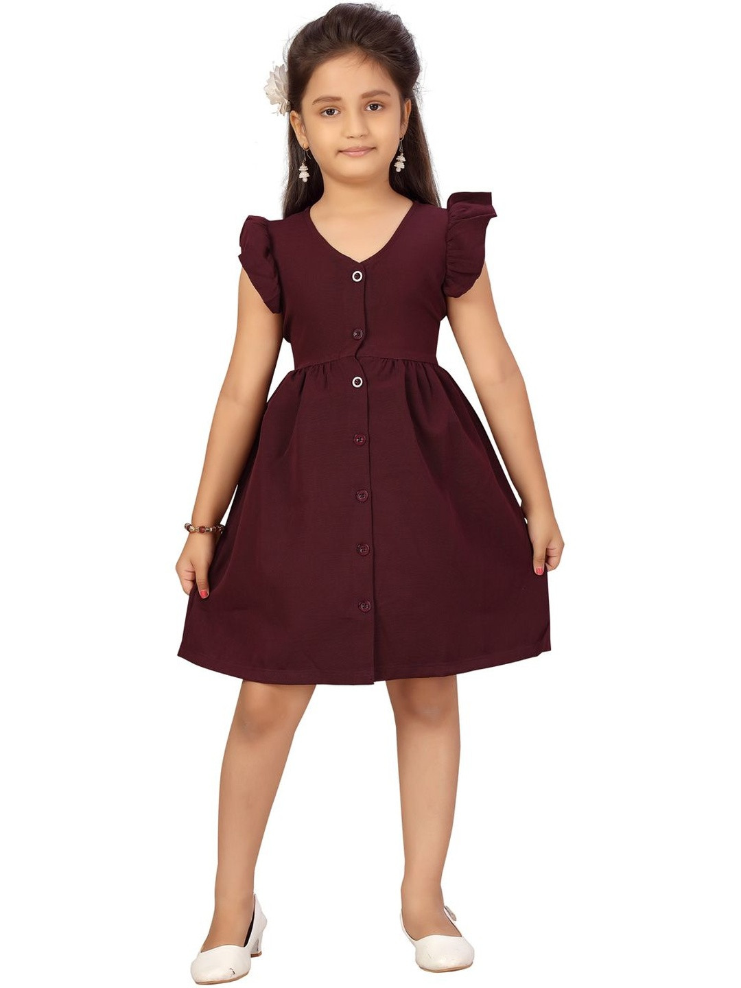 Muhuratam Girls V-Neck Flutter Sleeve Silk Fit & Flare Dress