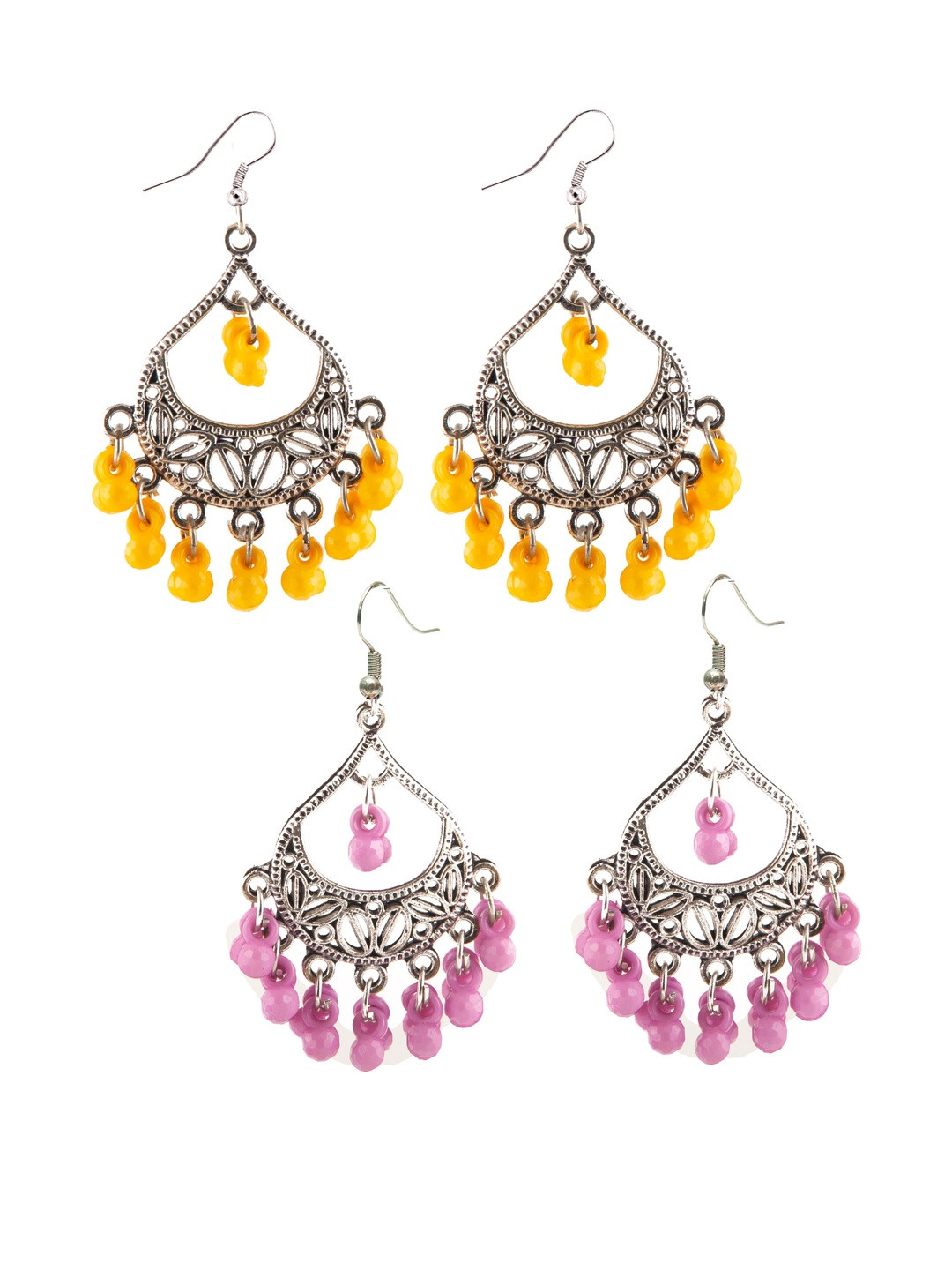 Set of 2 Oxidized Silver-Toned Chandbali Earrings with Yellow & Light Purple Beads & Girls