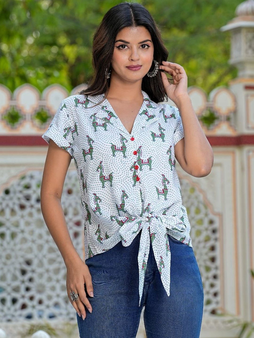 KALINI Women's Horse Printed Knot Style Regular Top (White)