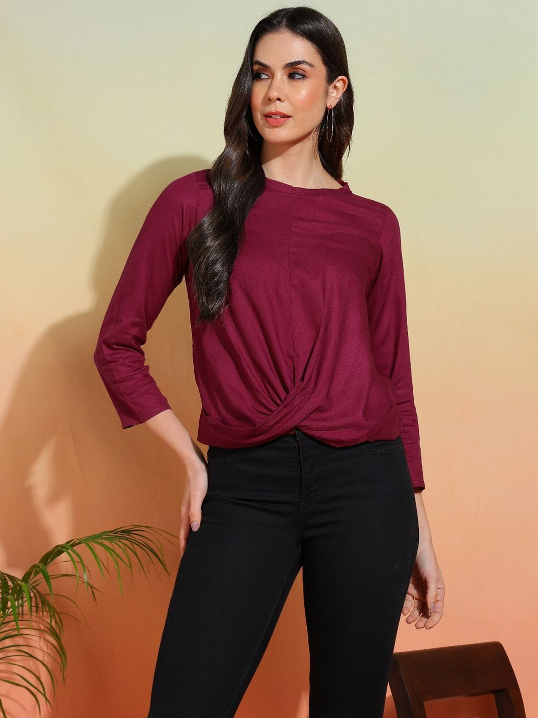 KALINI Women Waist Lengtth Draped Style Round Neck Top