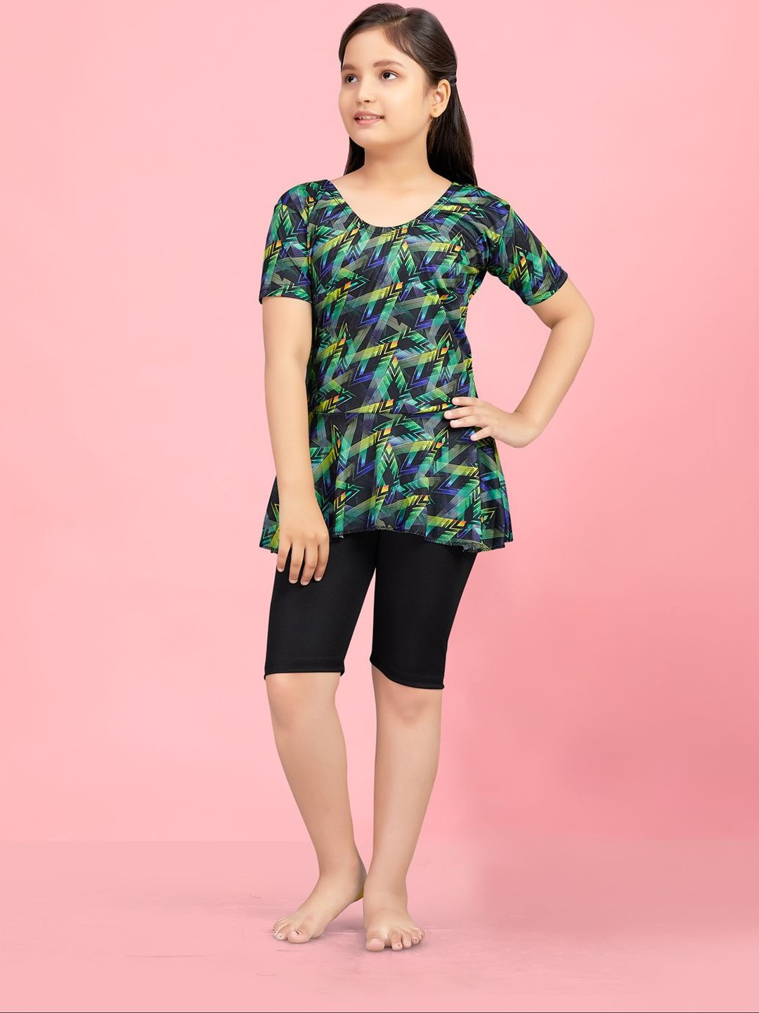 Muhuratam Girls Sports Wear Green Colour Abstract Print Nylon Swim Suit