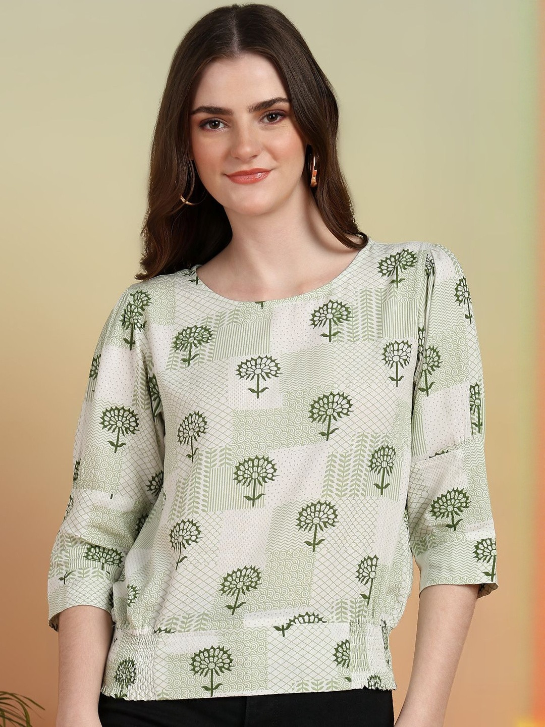 KALINI Women's Rayon Patch Print Smoking Waist Lengtth Round neck Top (White)