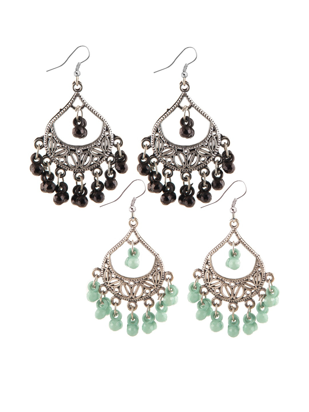 Set of 2 Oxidized Silver-Toned Chandbali Earrings with Black & Sea Green Beads & Girls