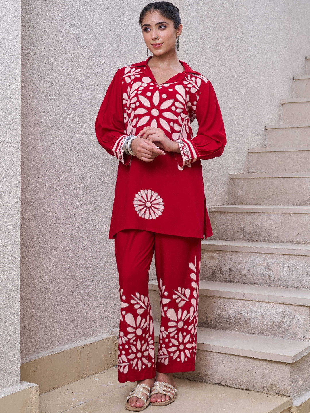 Kalini Women's Red German Rayon Tunic & 1 Pant Co-Ords Set