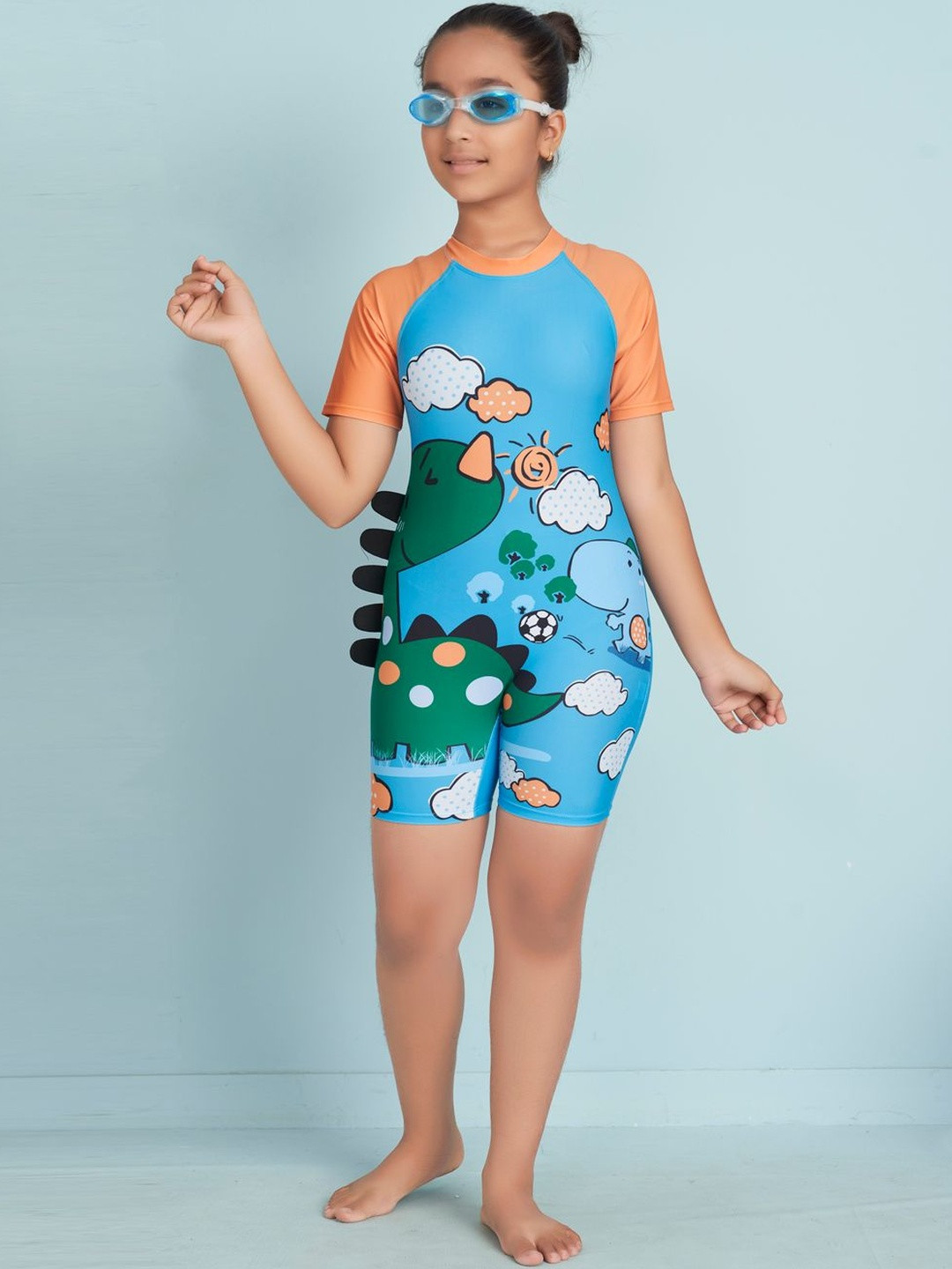 Muhuratam Girls Sports Wear Turquoise Colour Cartoon Print Swim Suit