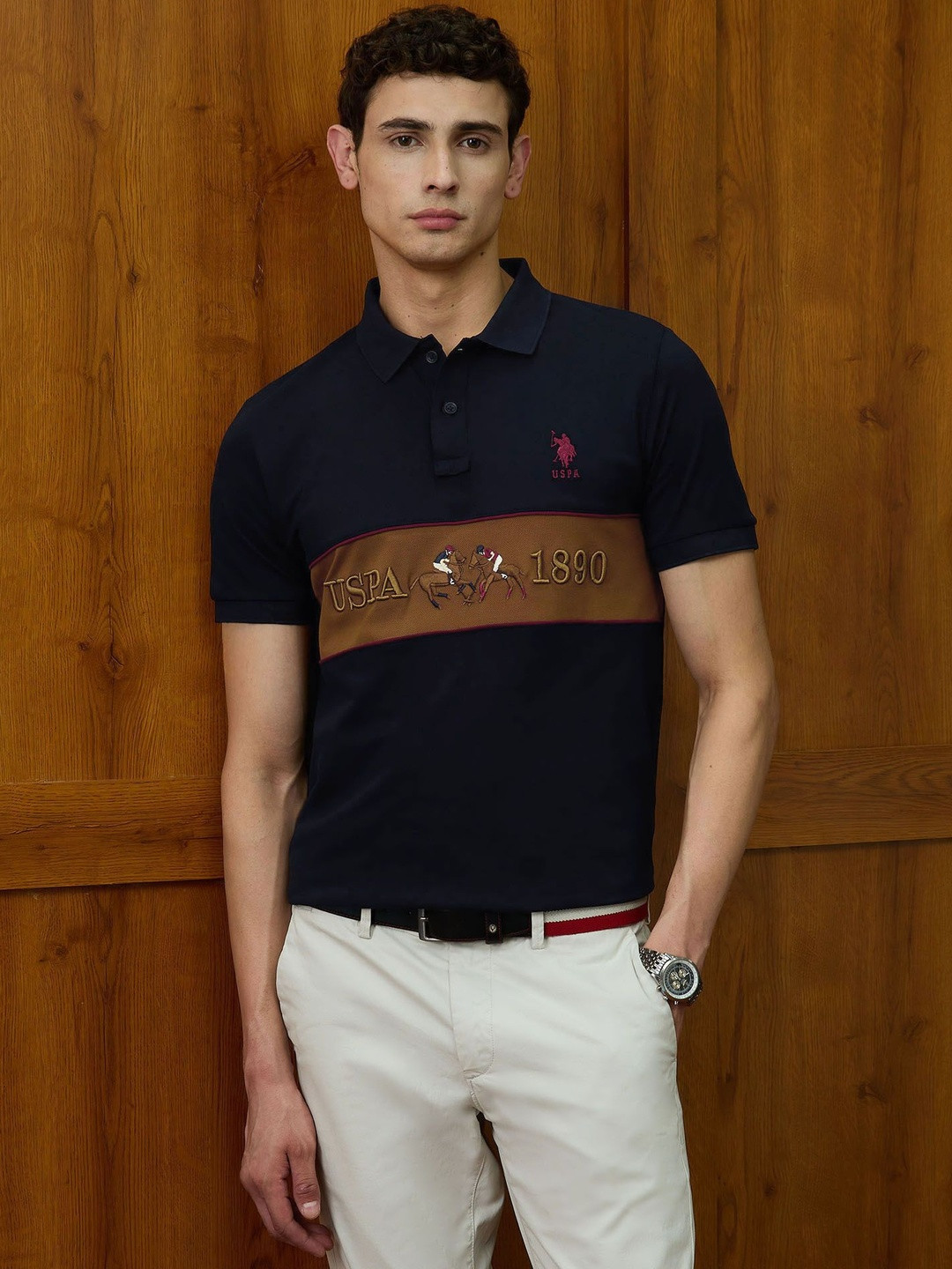 U.S. Polo Assn. Varsity Theatre Colourblocked Polo Collar Slim Fit Pure Cotton T-shirt
