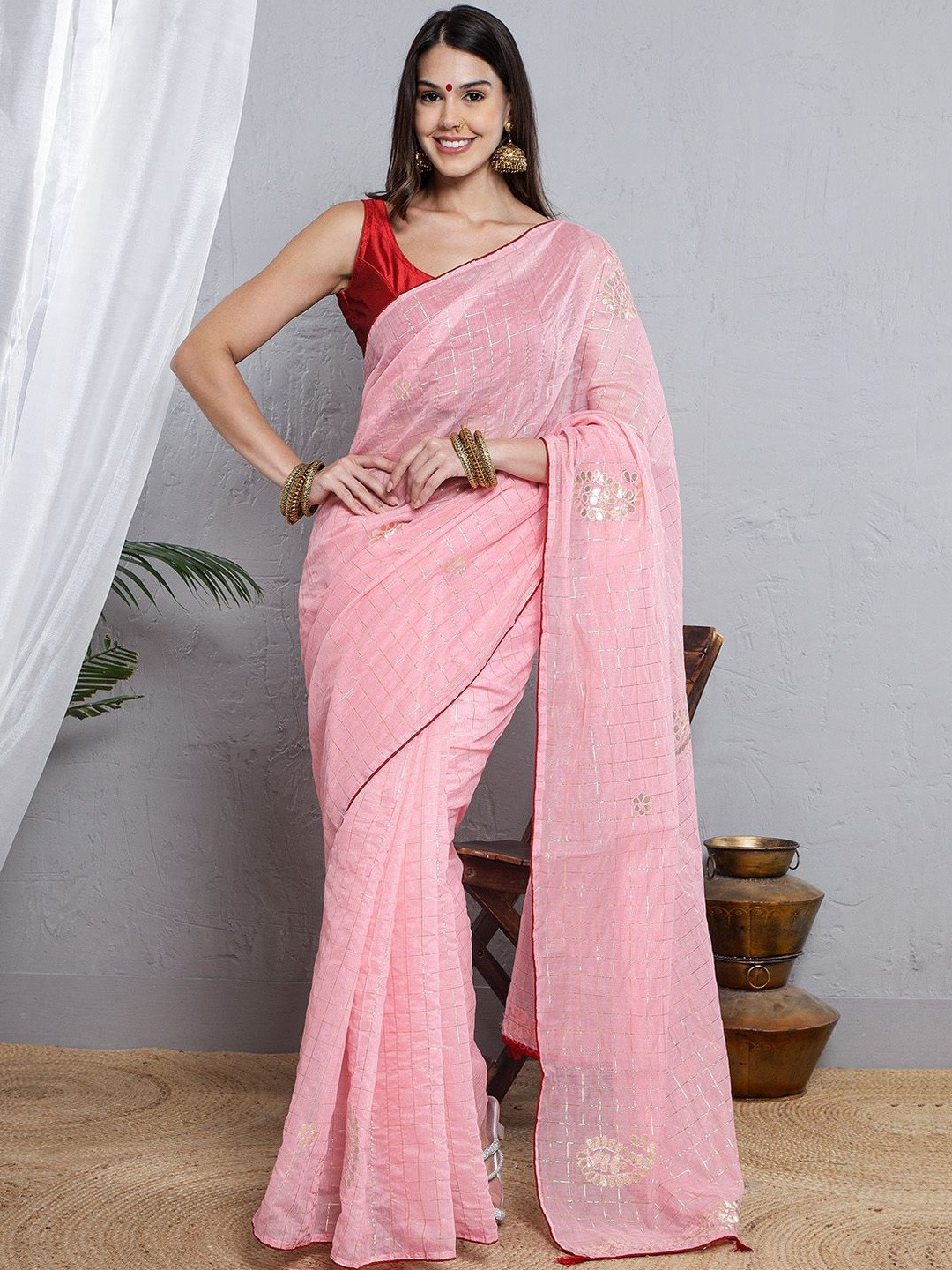 LABEL KASHI Checked Mirror Work Pure Cotton Chanderi Saree with Unstitched Blouse Piece