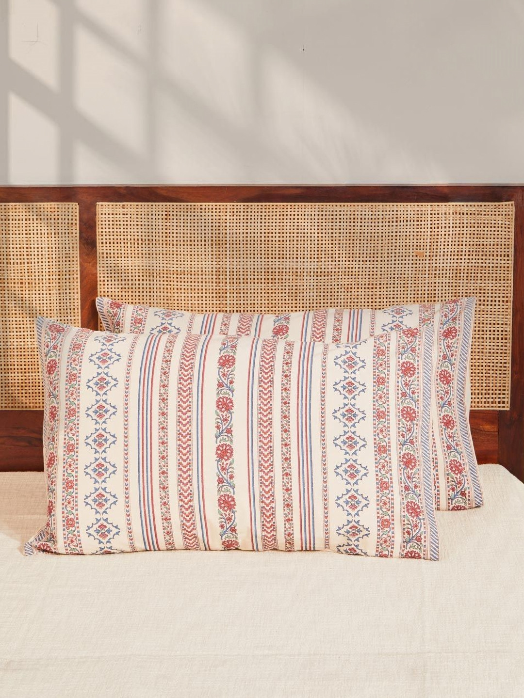 Fabindia Nazm Cream-Coloured & Blue 2 Pieces Striped Pure Cotton Rectangle Pillow Covers