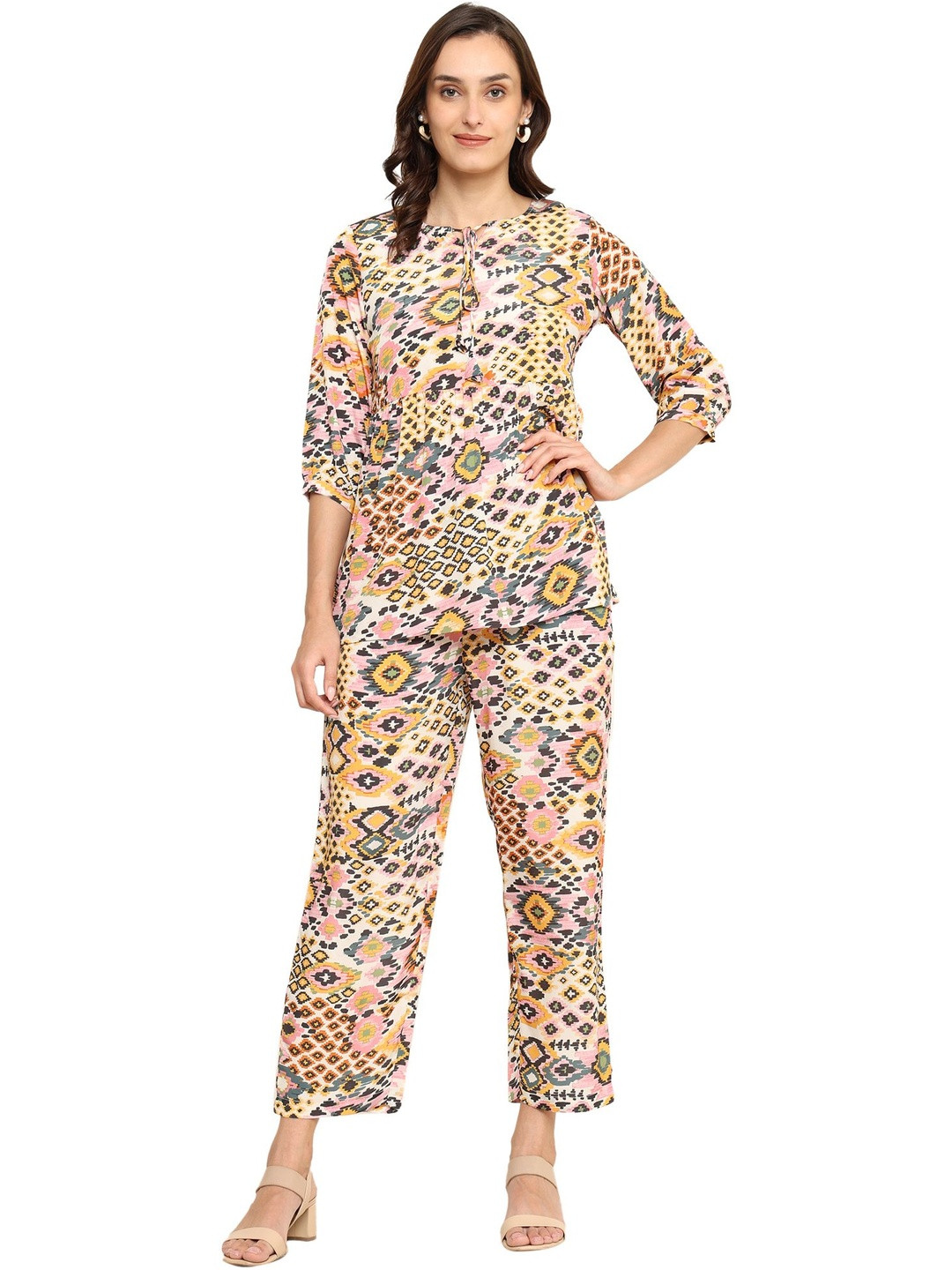 KALINI Women's Polyester Digital Printed Keyhole Neck 3/4th Sleeve Co-ord Set