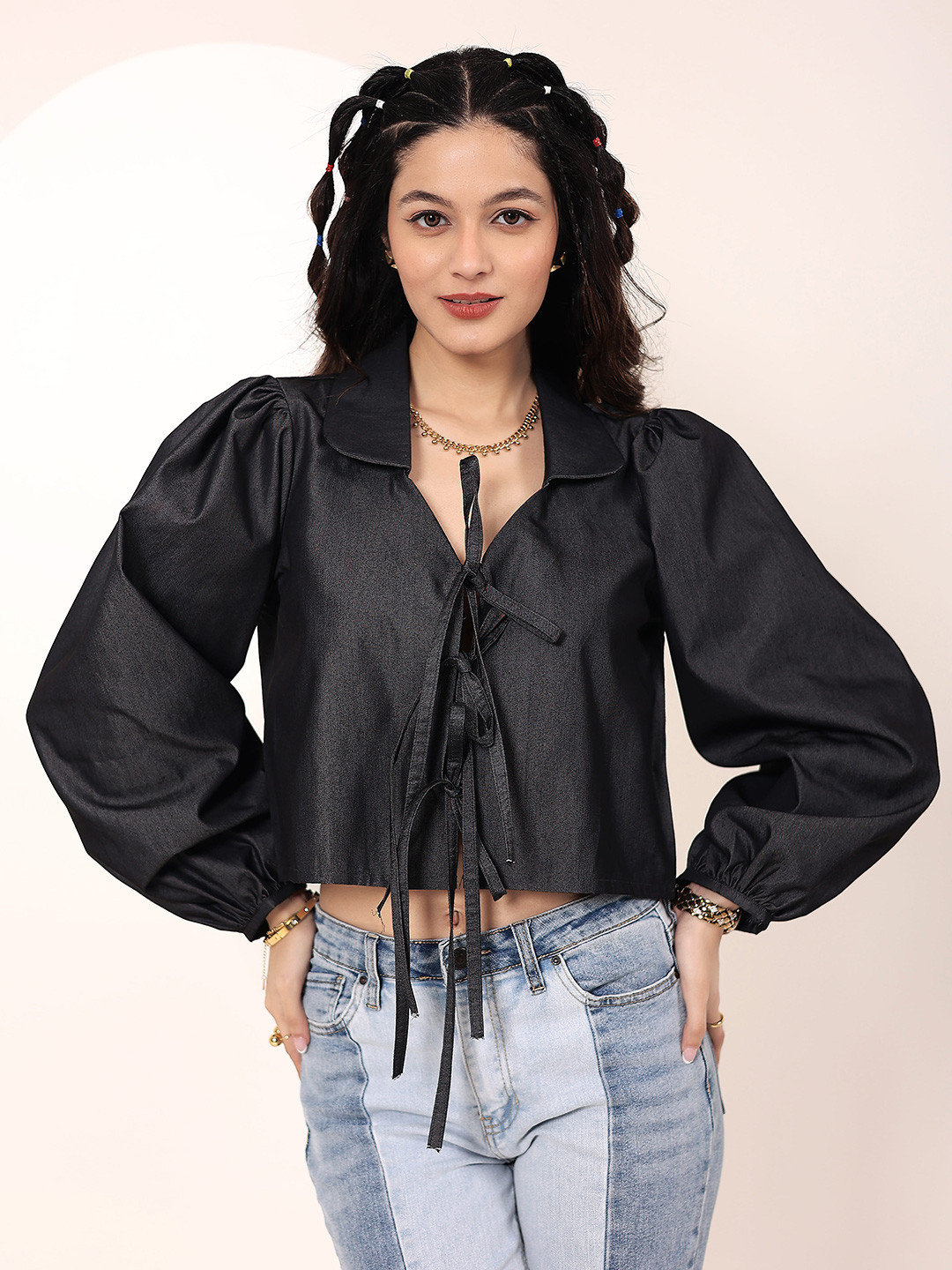 KAORI BY SHREYA AGARWAL Black Denim Front Tie-Up Cotton Top