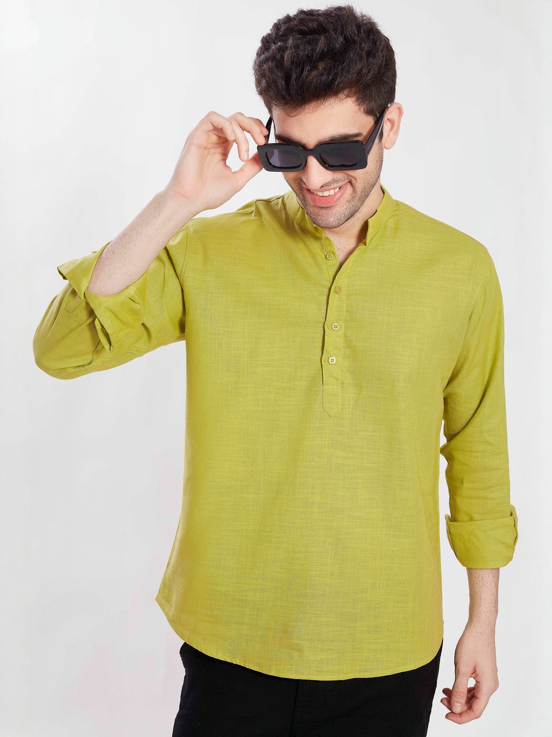 PulseIQ Band Collar Roll-Up Sleeves Straight Short Kurta