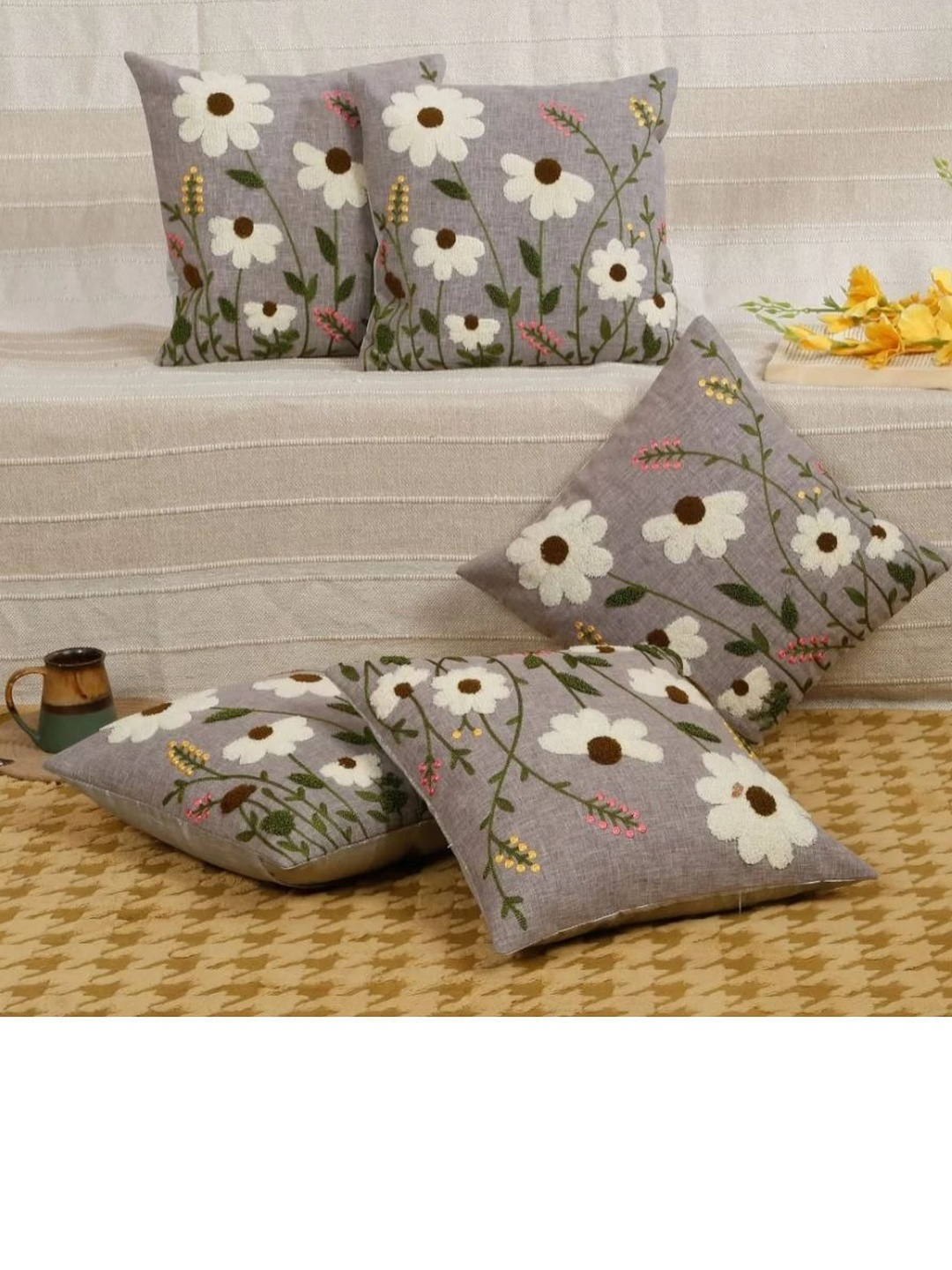 Boho Garden Embroidered, Grey Cushion Cover 5 Pieces