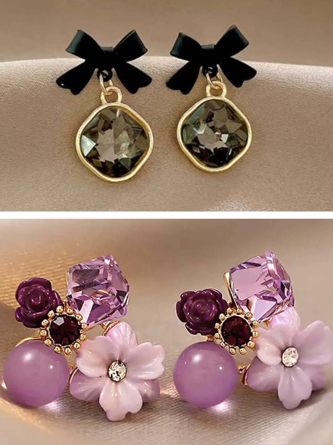 Tiso Set Of 2 Gold-Plated Rhinestone & Crystal Studded Bow Shaped Korean Studs