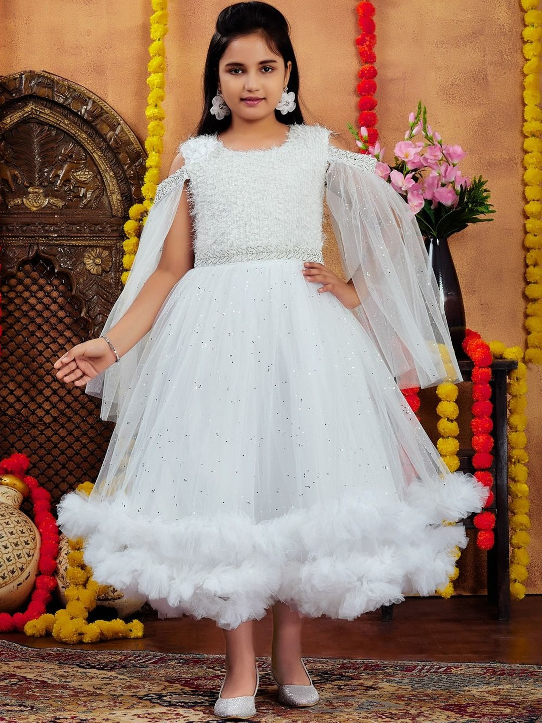 Muhuratam Girls Self Design Slit Sleeves Gown Dress