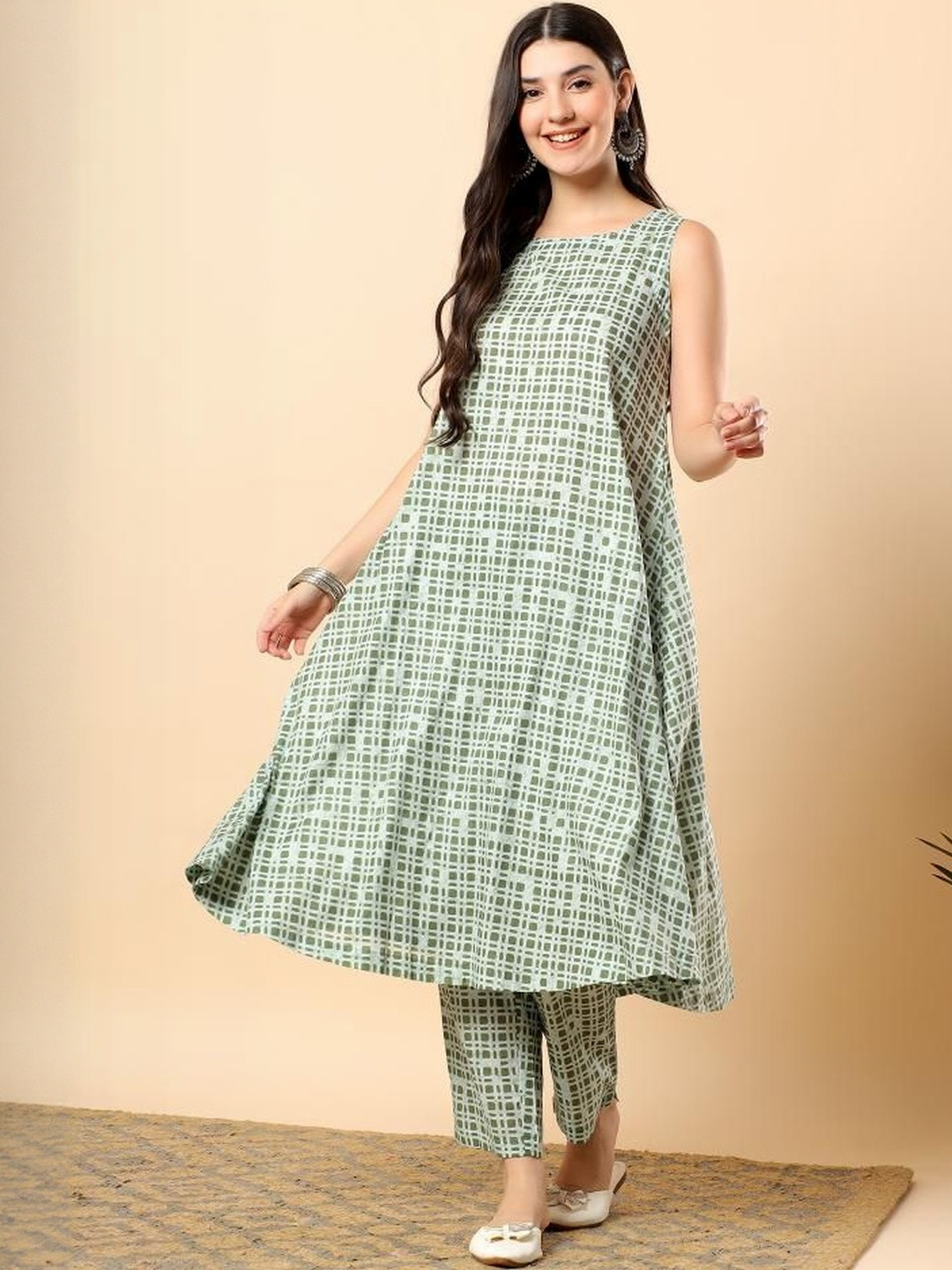 Green Cotton Printed & Hand Embroidery Work Kurta With Trousers Set