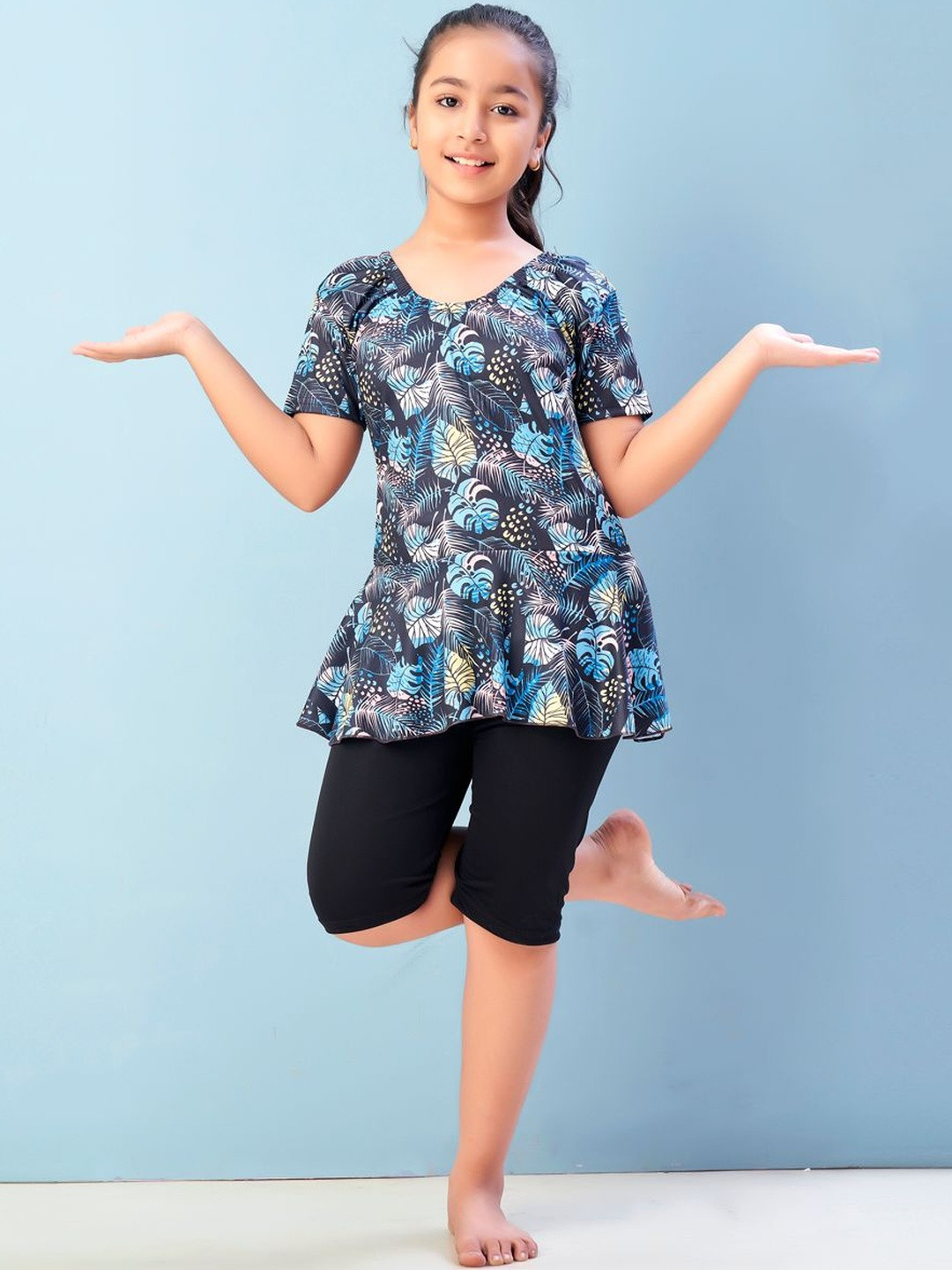 Muhuratam Girls Sports Wear Firozi-Black Colour Leaf Print Nylon Swim Suit