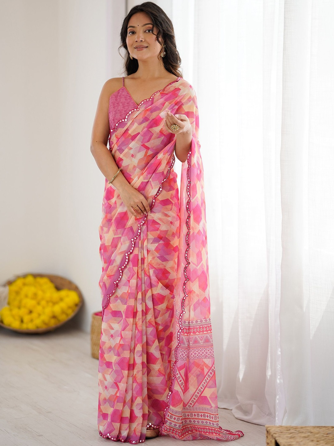 Pink Designer Georgette Printed Saree