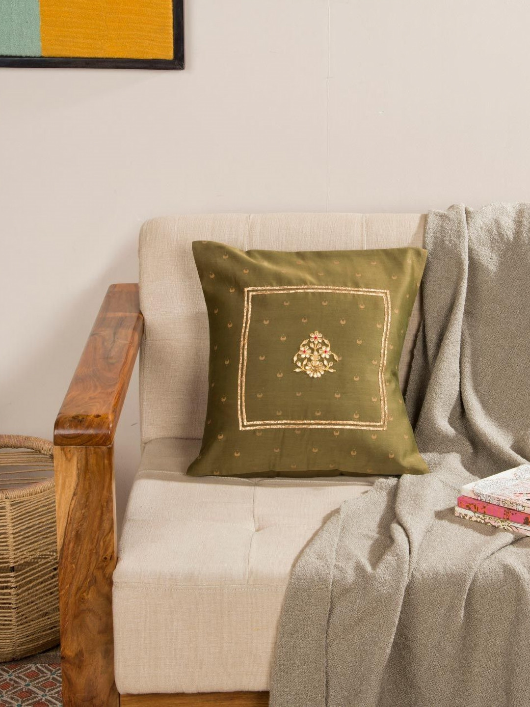 Fabindia Anar Green & Gold Toned Ethnic Motifs Embroidered Cotton Square Cushion Cover