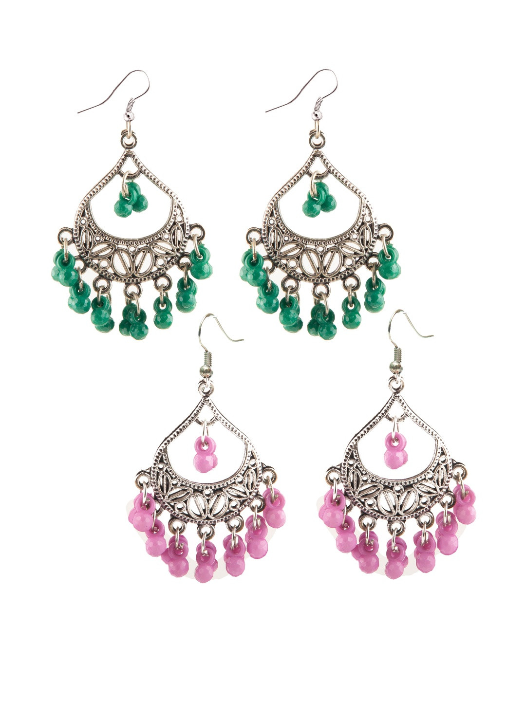 Set of 2 Oxidized Silver-Toned Chandbali Earrings with Green & Light Purple Beads & Girls