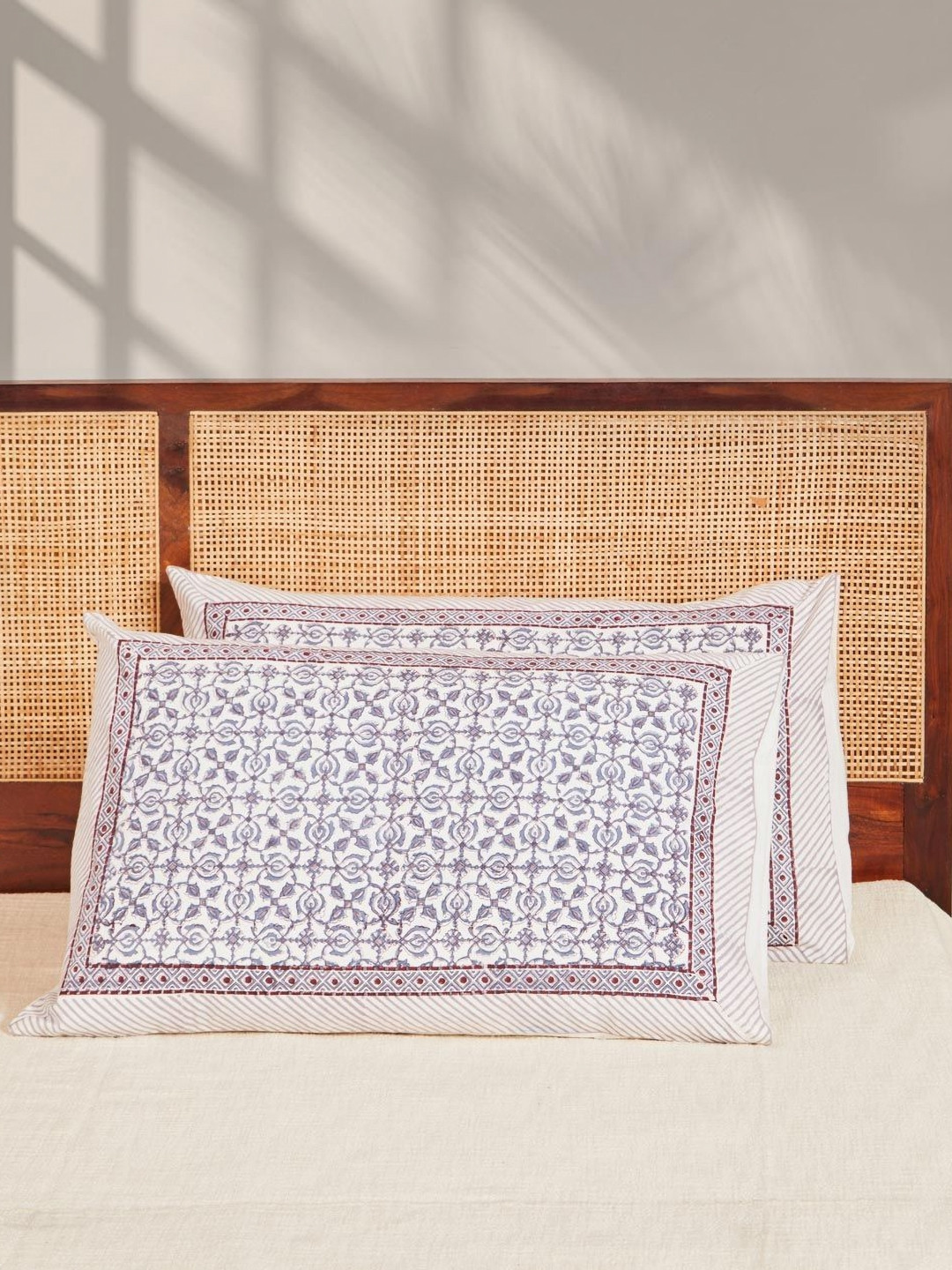 Fabindia Jamuni Purple & White 2 Pieces Applique Pure Cotton Rectangle Pillow Covers