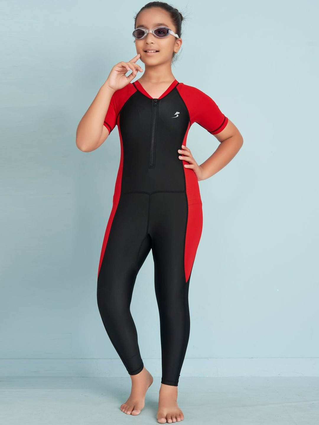 Muhuratam Girls Sports Wear Black-Red Colour Solid Swim Suit