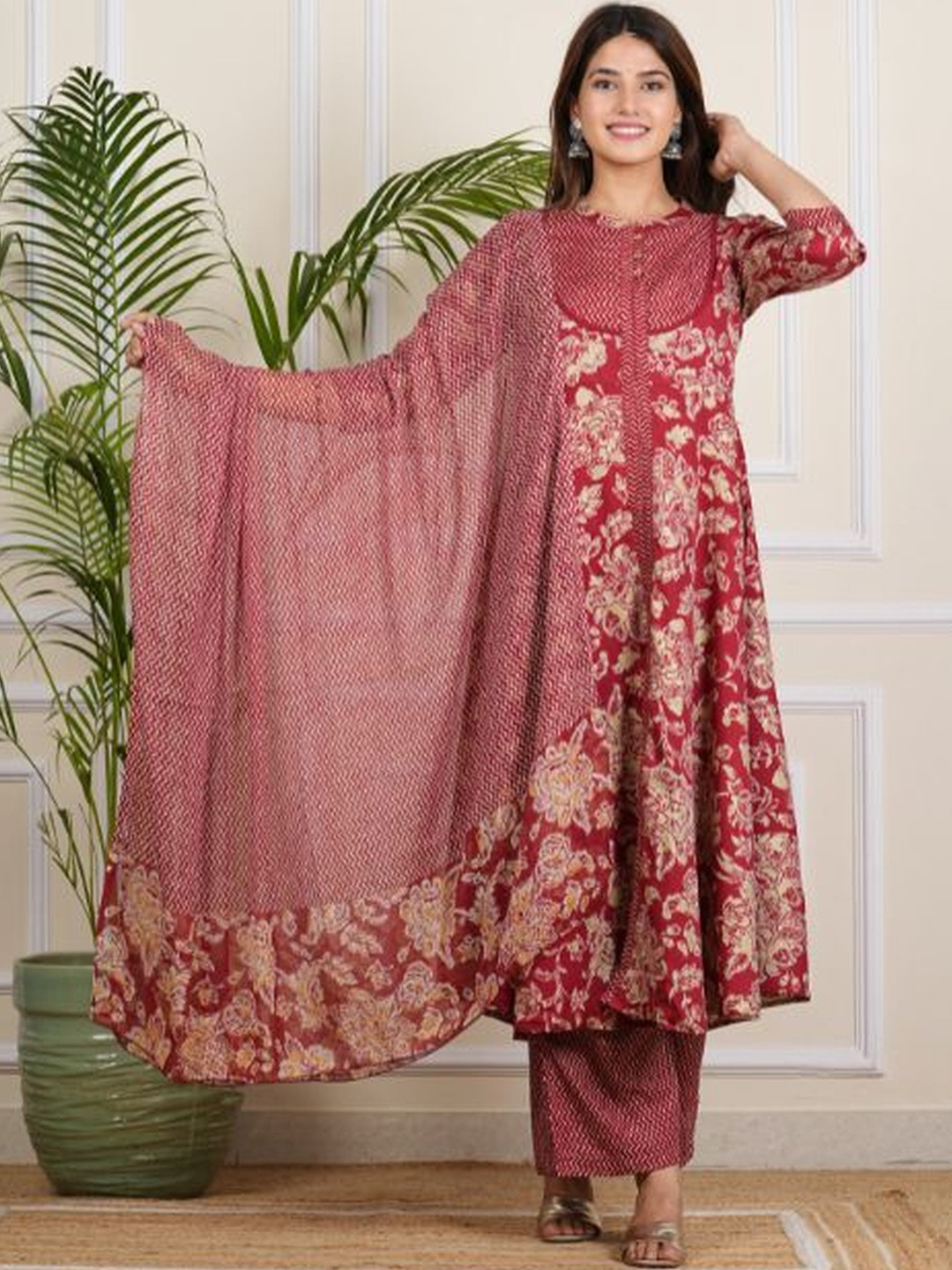 KALINI Floral Printed Band Collar Anarkali Kurta With Trouser & Dupatta