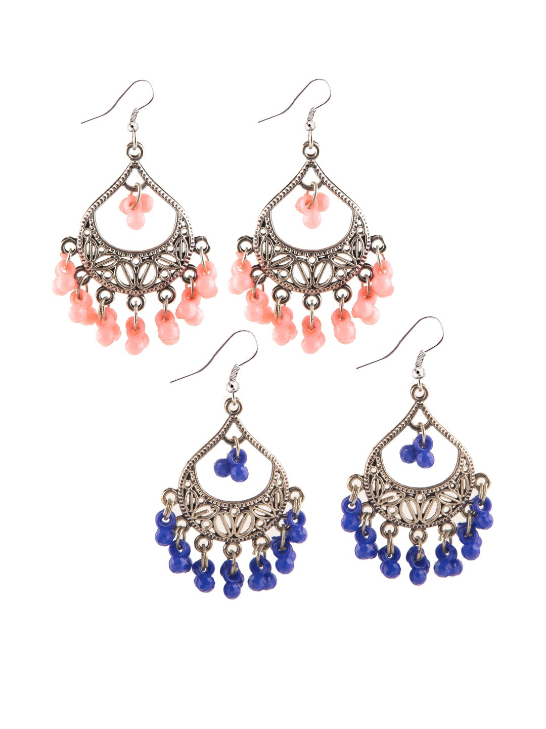 Set of 2 Oxidized Silver-Toned Chandbali Earrings with Light Pink & Blue Beads & Girls