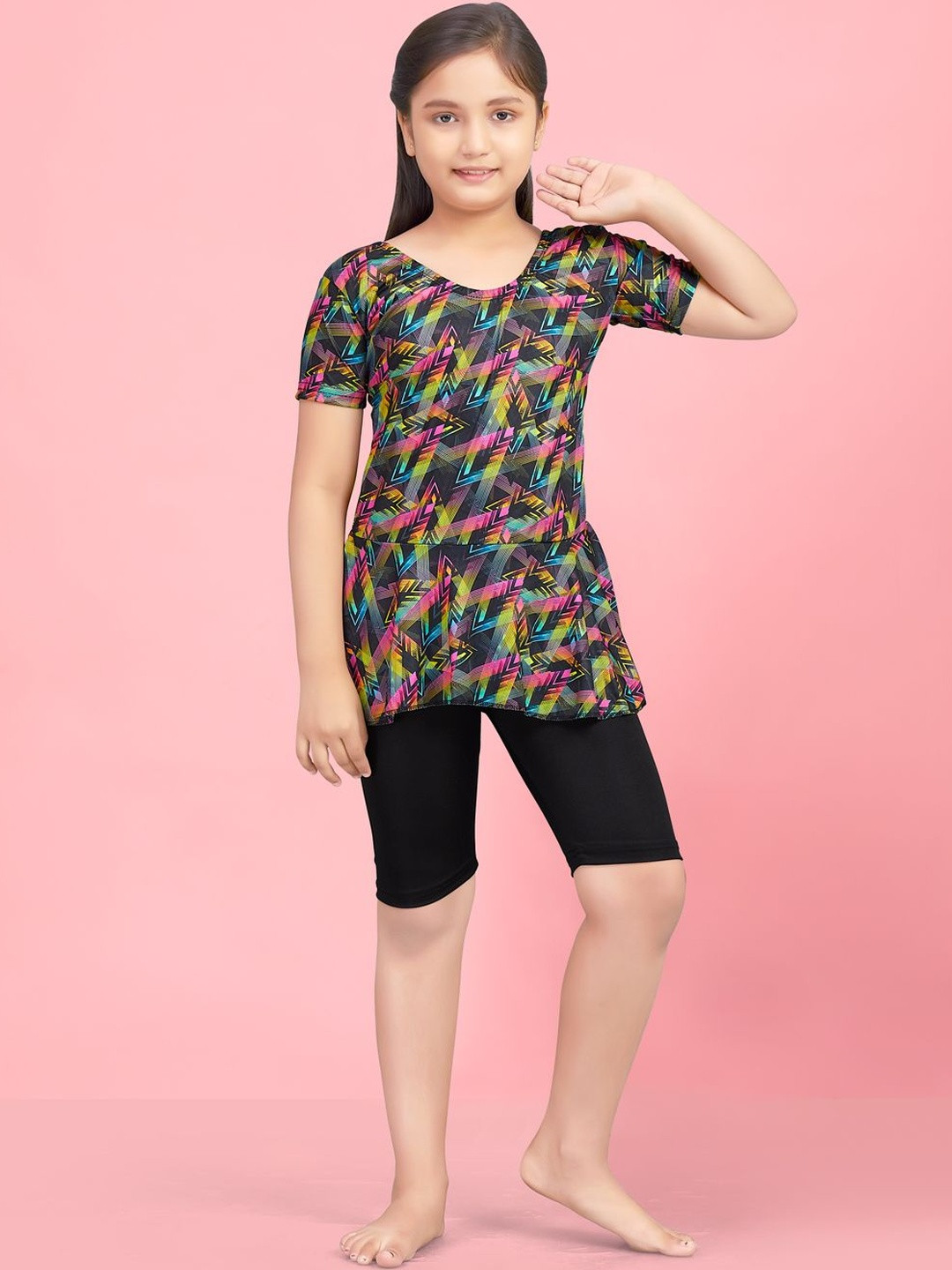 Muhuratam Girls Sports Wear Pink Colour Abstract Print Nylon Swim Suit