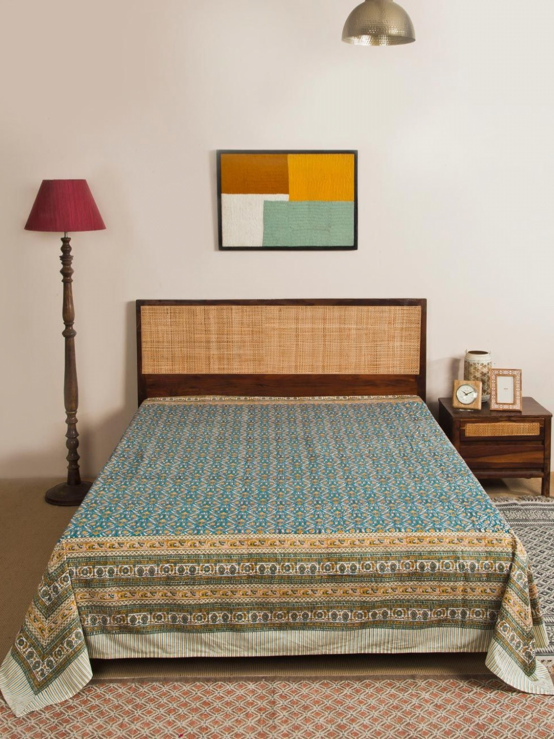 Fabindia Nafisa Teal Blue & Yellow Printed Cotton Double Queen Bed Cover