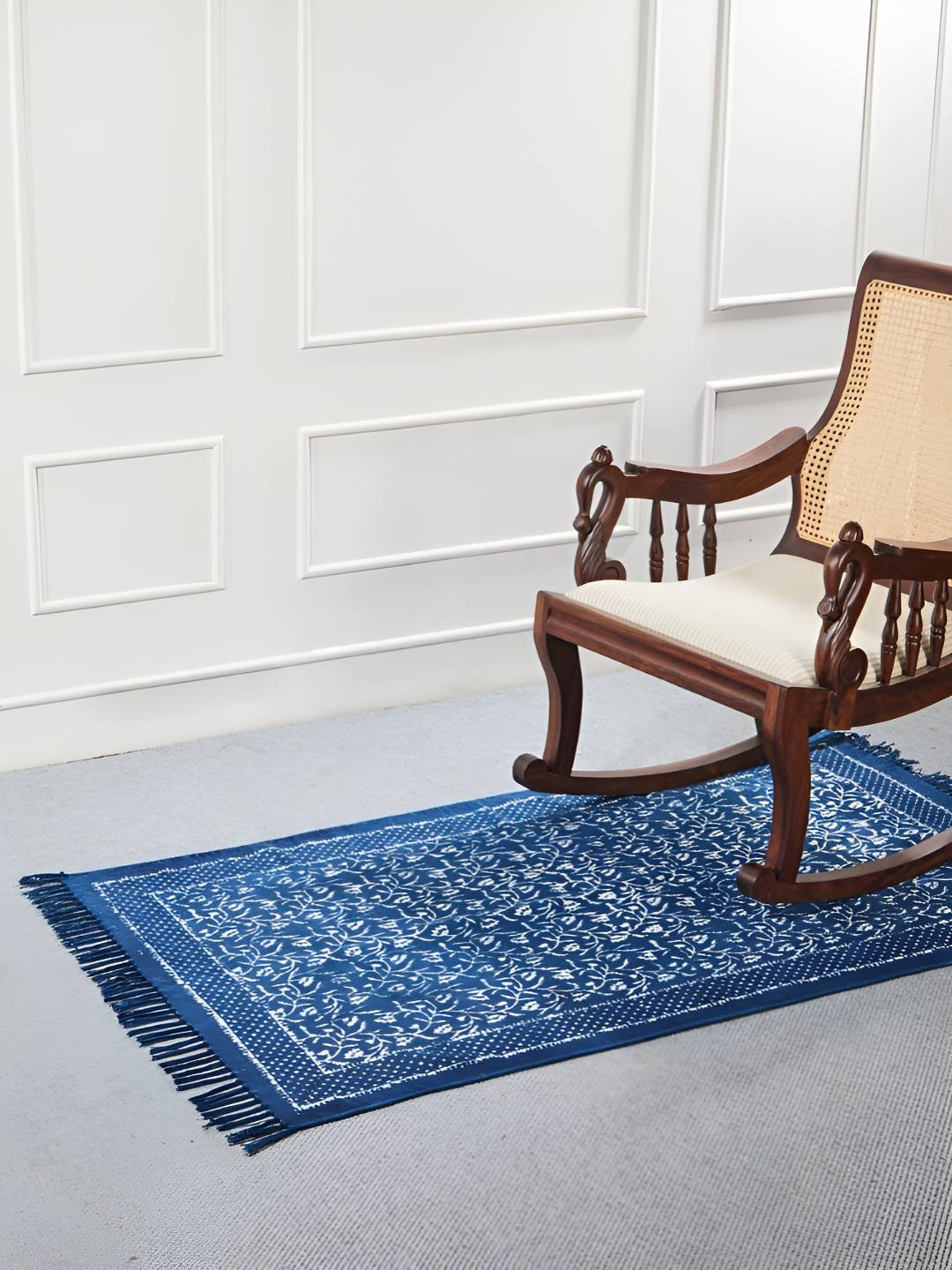 Fabindia Anjay Dabu Blue & White Ethnic Motifs Printed Dhurrie