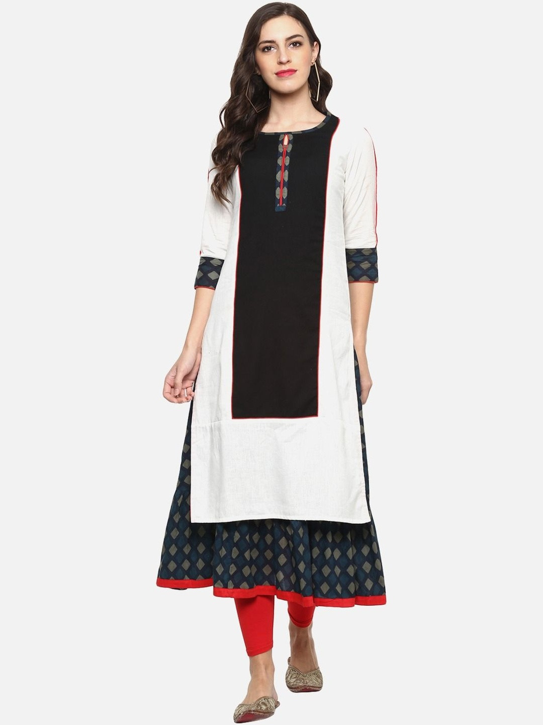 KALINI Women's Cotton Flex Printed Kurta & Inner Set (White;Black)